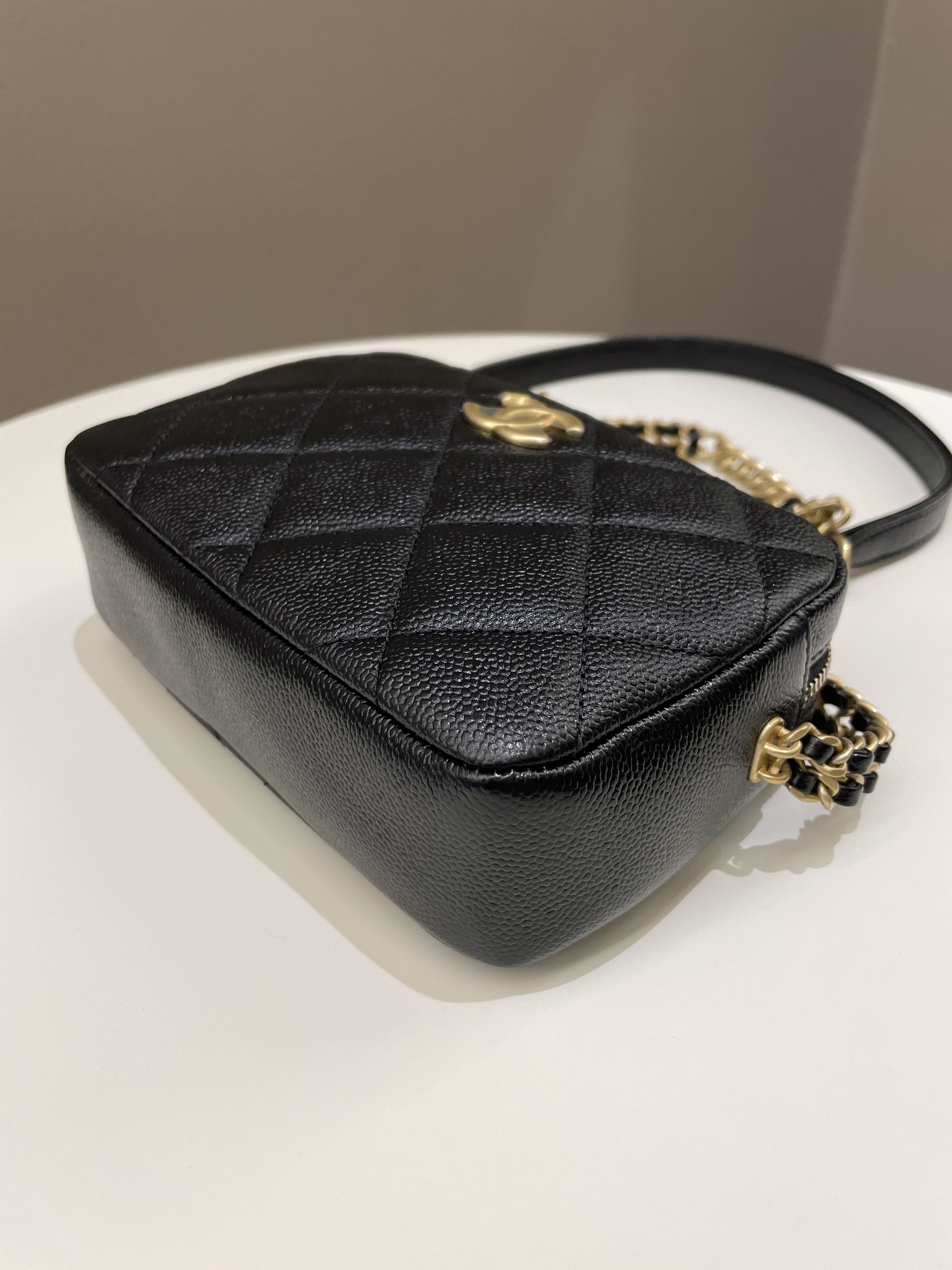 Chanel 22P Quilted Camera Sling Bag Black Caviar