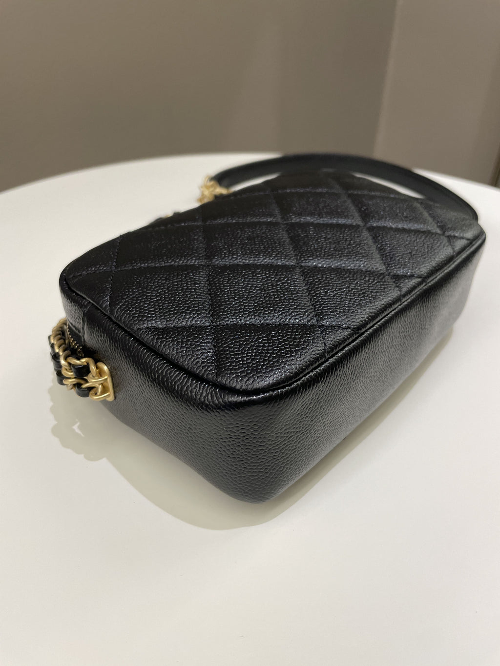 Chanel 22P Quilted Camera Sling Bag Black Caviar