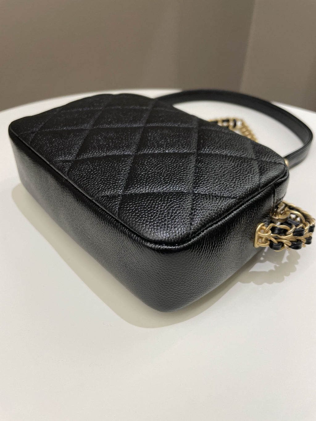 Chanel 22P Quilted Camera Sling Bag Black Caviar