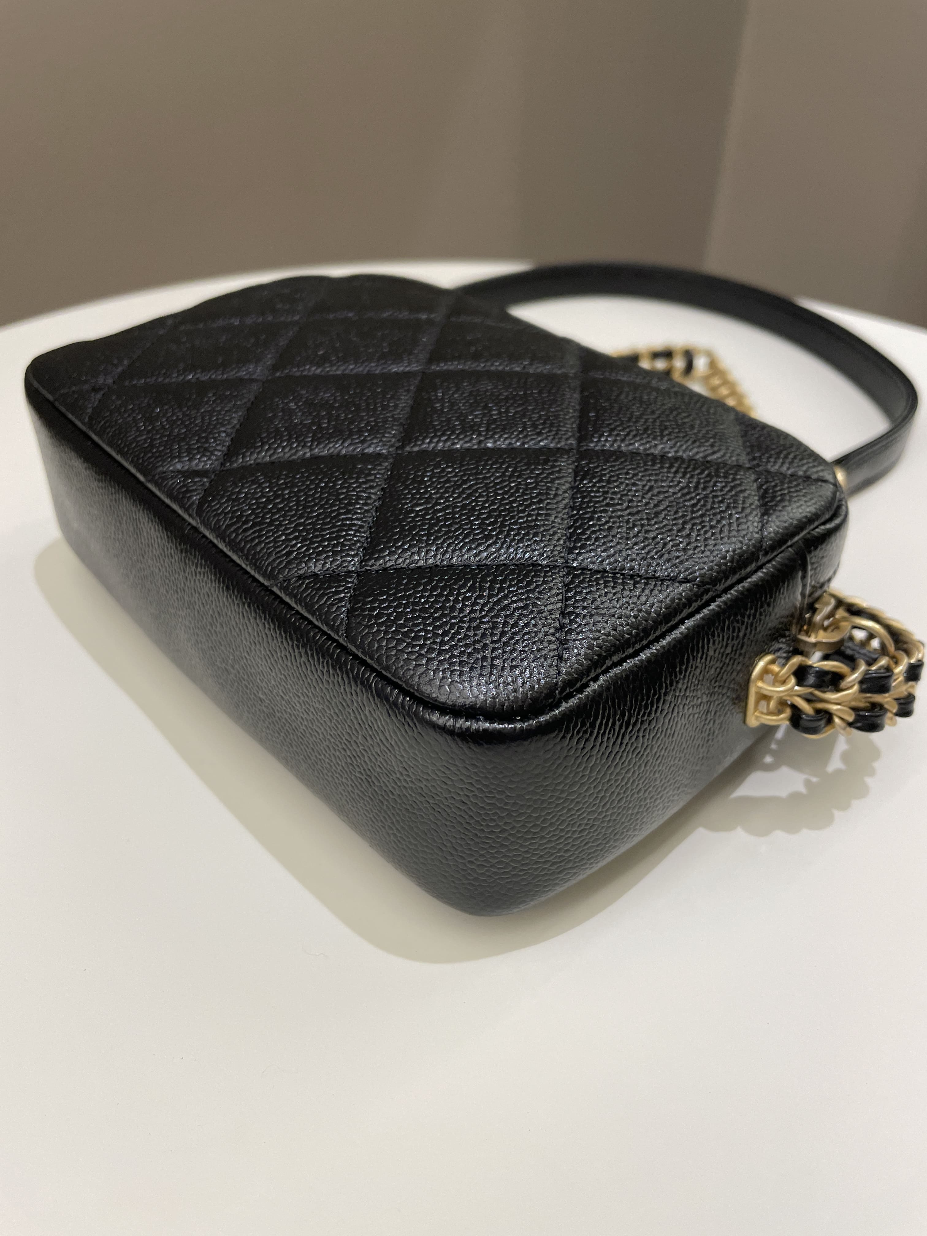 Chanel 22P Quilted Camera Sling Bag Black Caviar
