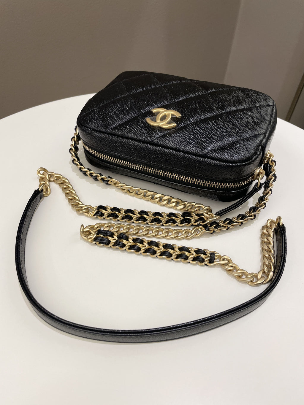 Chanel 22P Quilted Camera Sling Bag Black Caviar