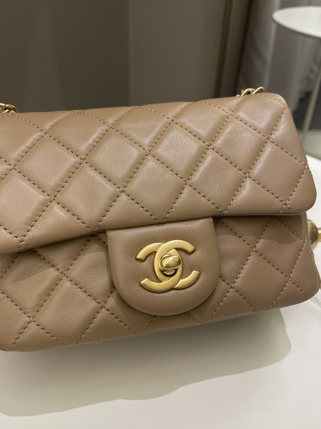 Chanel Pearl Crush Mini Square Dark Beige Lambskin