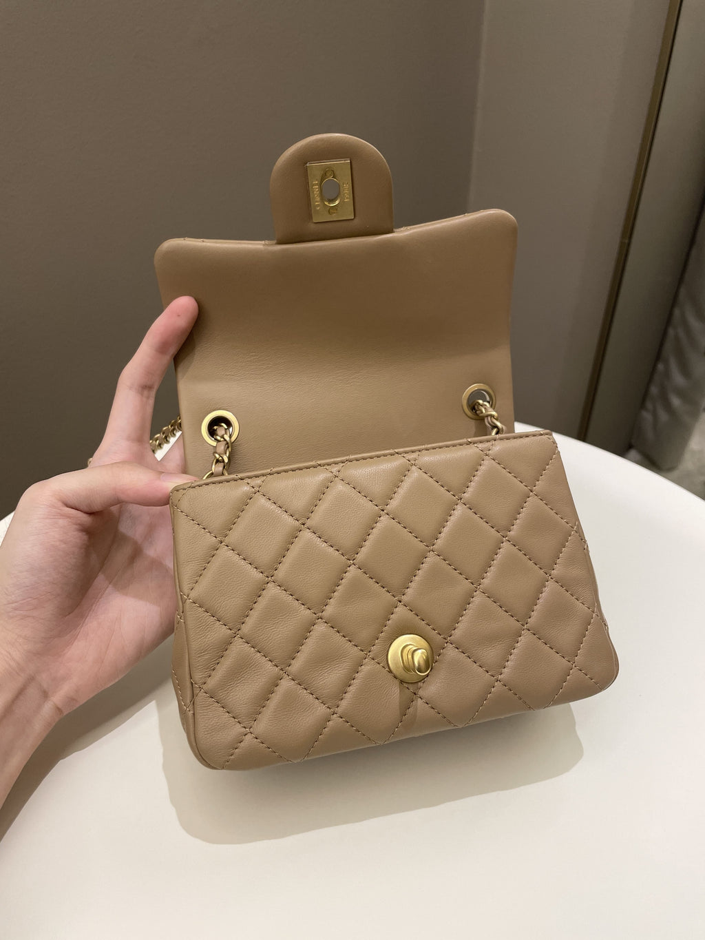 Chanel Pearl Crush Mini Square Dark Beige Lambskin