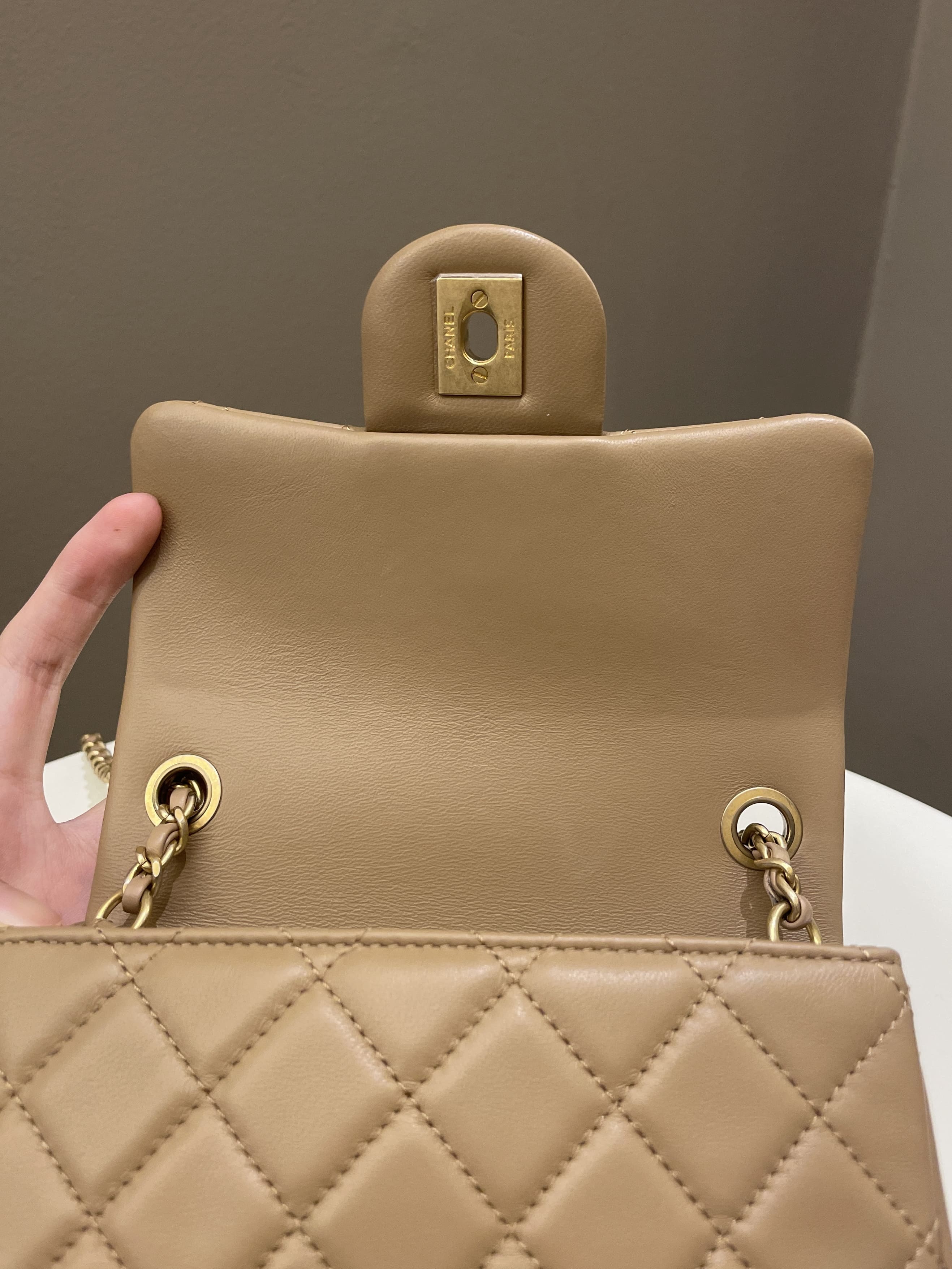 Chanel Pearl Crush Mini Square Dark Beige Lambskin