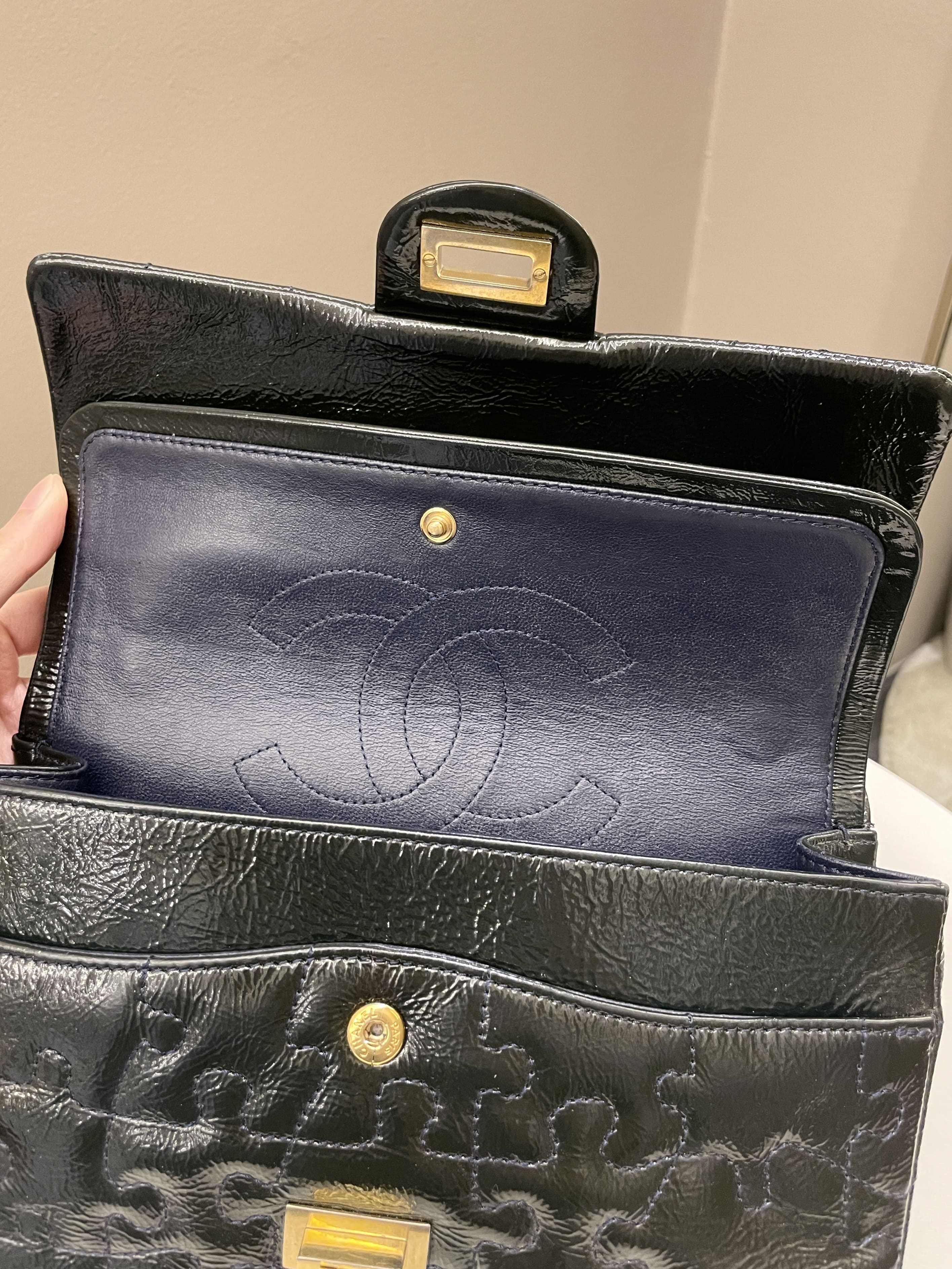 Chanel 2.55 225 Puzzle Reissue Double Flap Dark Blue Patent