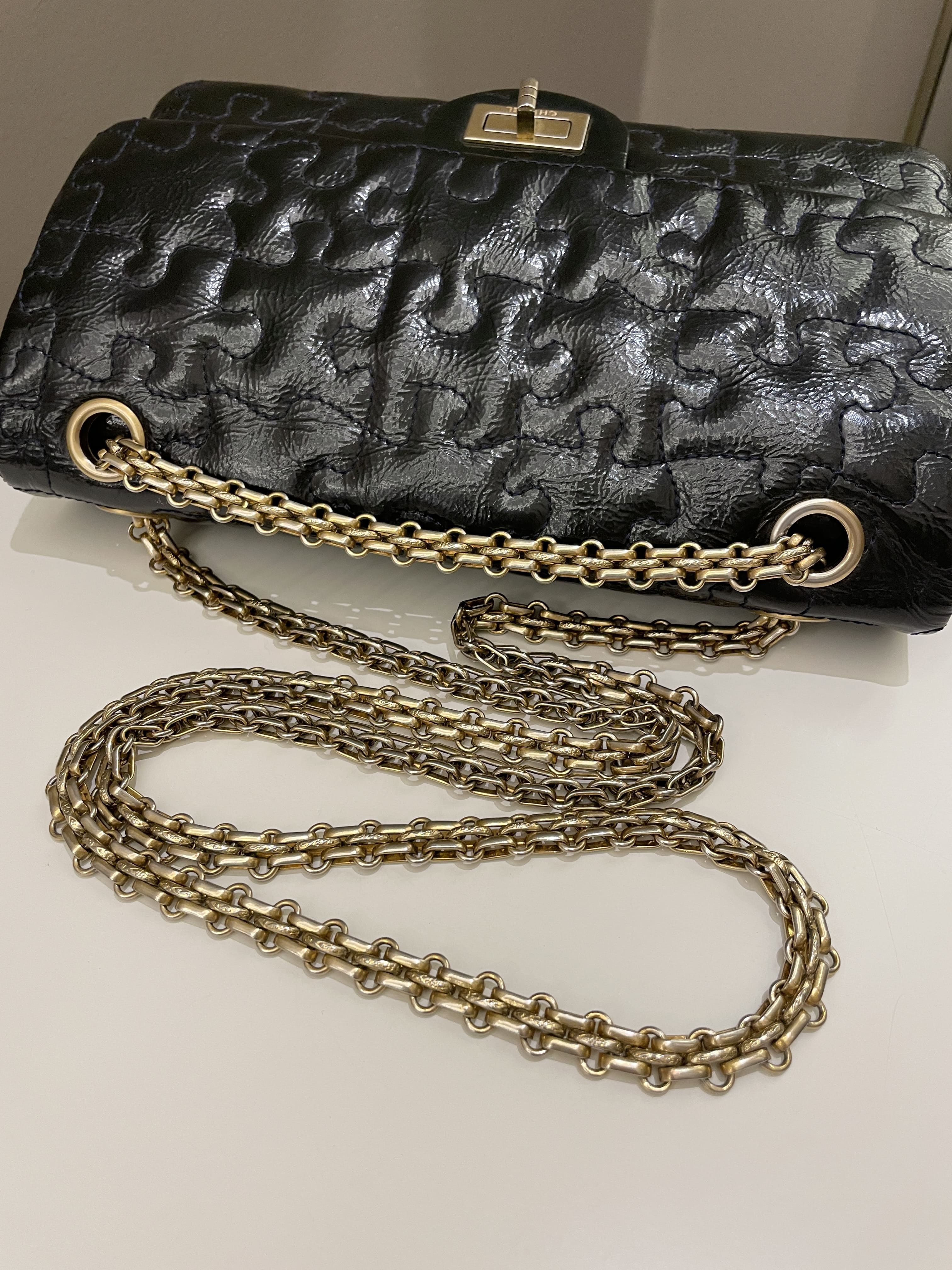 Chanel 2.55 225 Puzzle Reissue Double Flap Dark Blue Patent