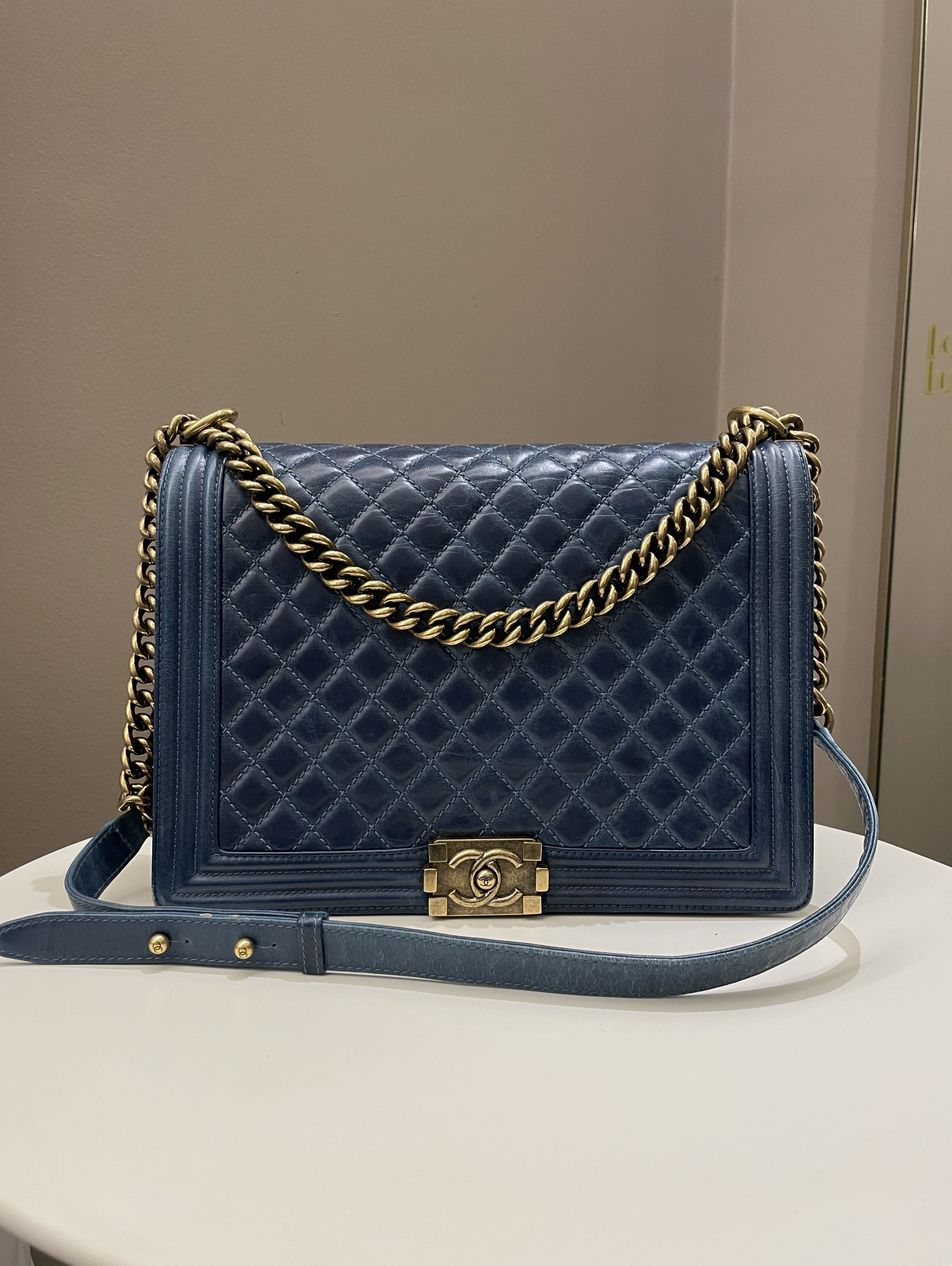 Chanel Quilted Boy Large Blue Age Calfskin