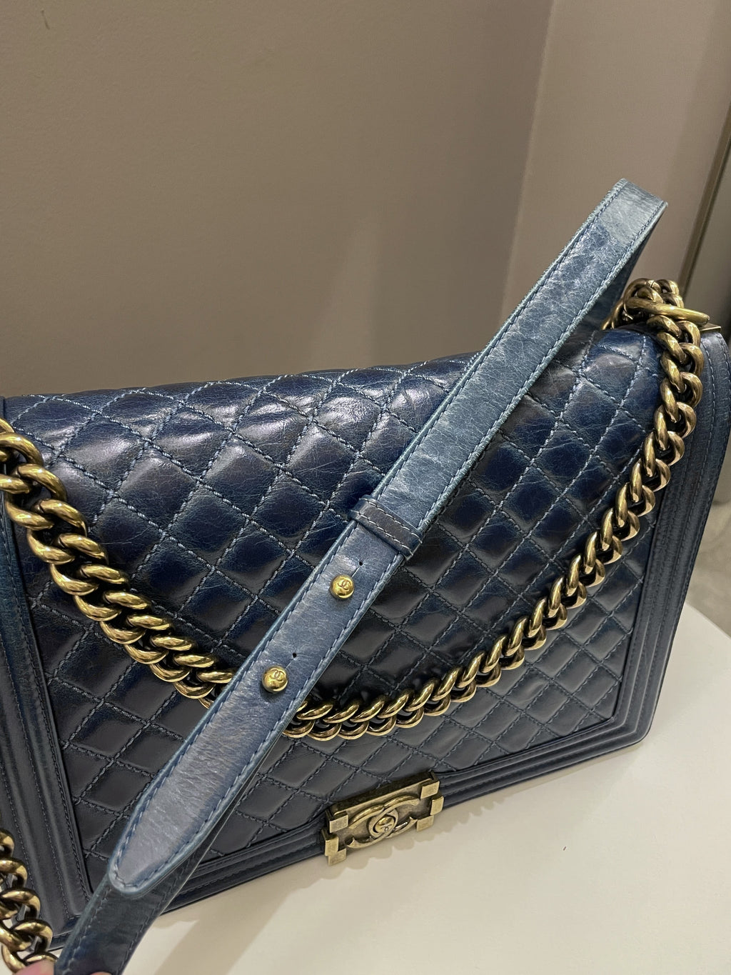 Chanel Quilted Boy Large Blue Age Calfskin