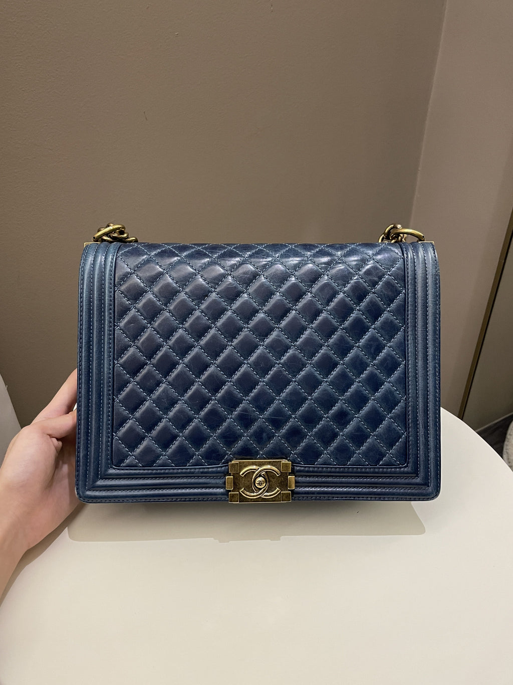 Chanel Quilted Boy Large Blue Age Calfskin