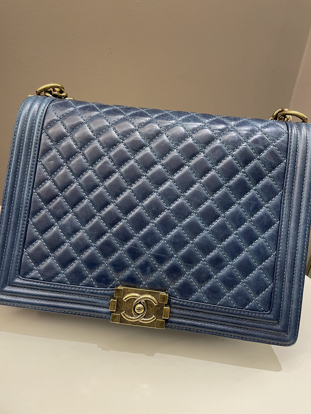 Chanel Quilted Boy Large Blue Age Calfskin