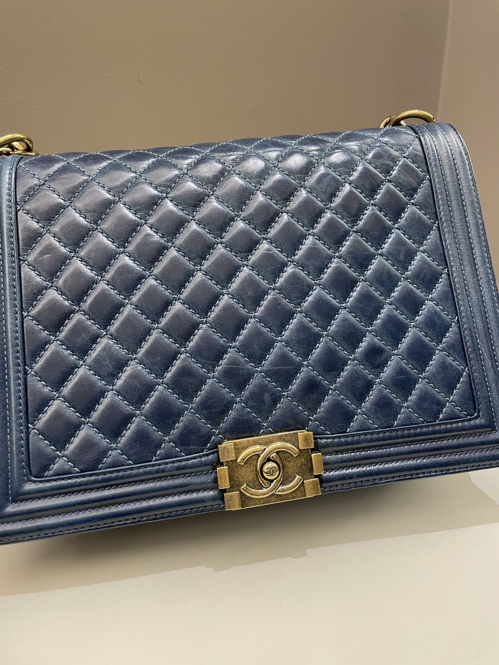 Chanel Quilted Boy Large Blue Age Calfskin