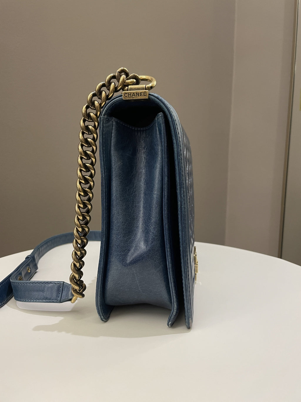 Chanel Quilted Boy Large Blue Age Calfskin