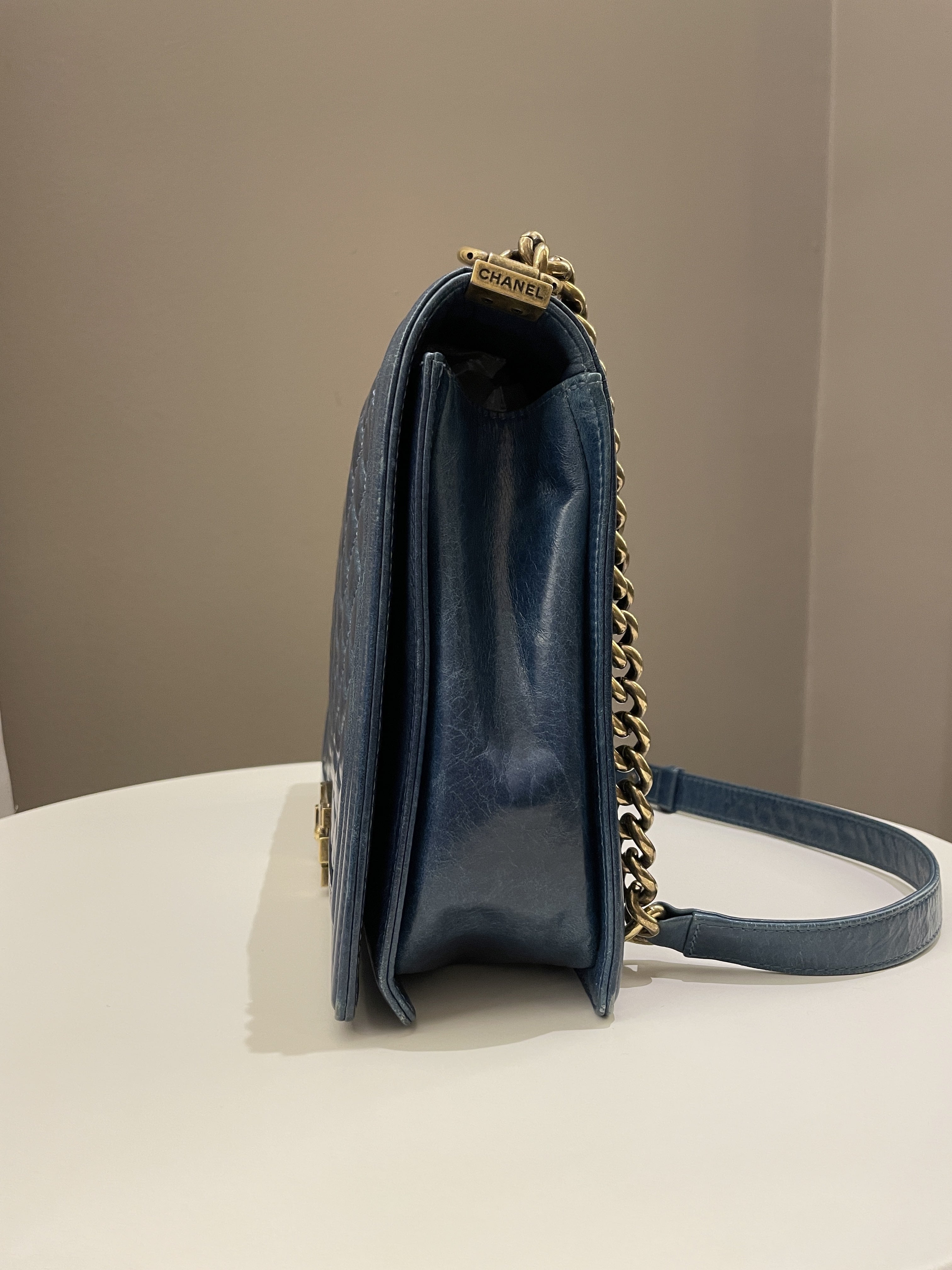 Chanel Quilted Boy Large Blue Age Calfskin