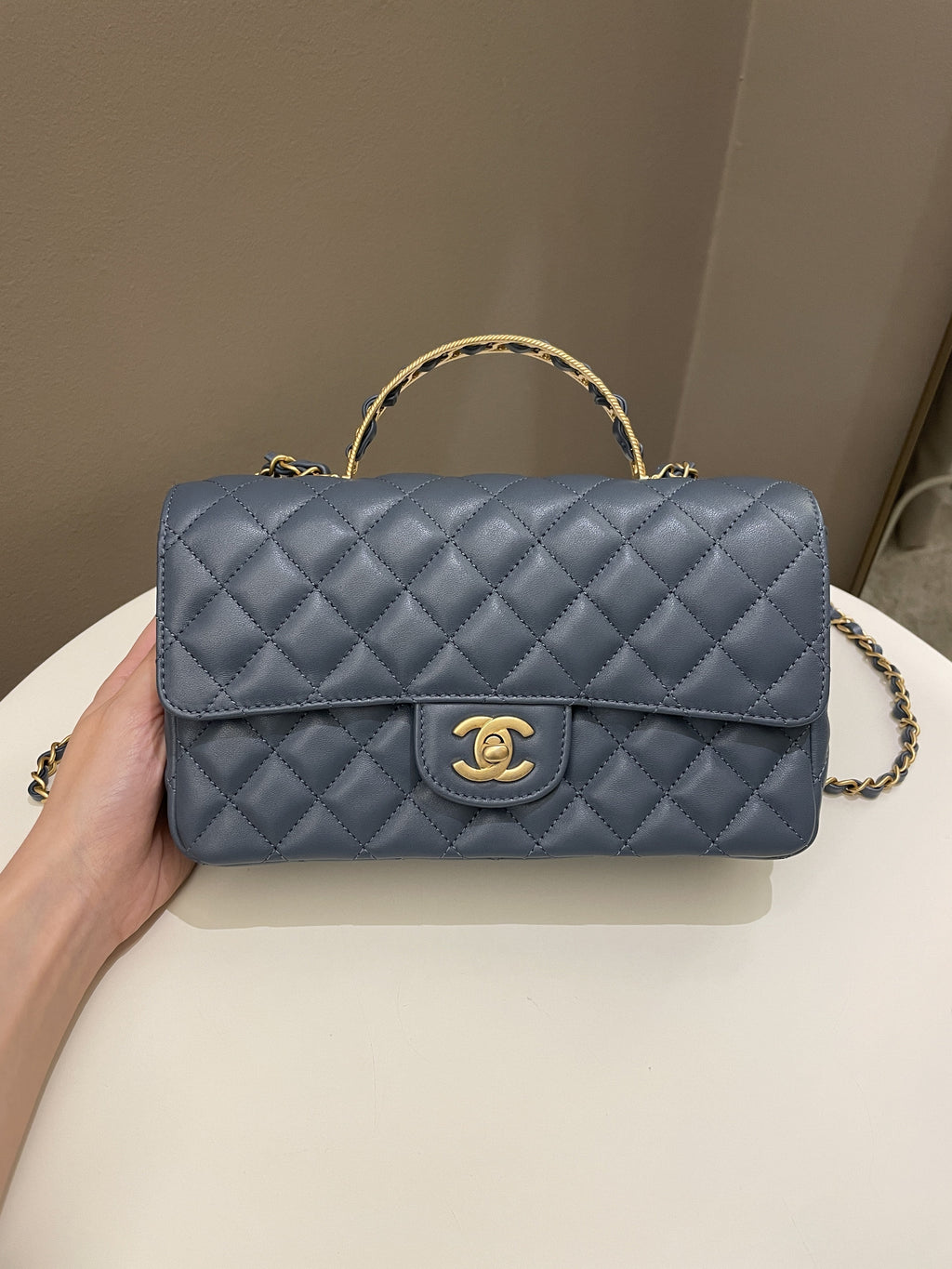 Chanel Quilted Top Handle Flap Chain Ash Blue Stiff Lambskin