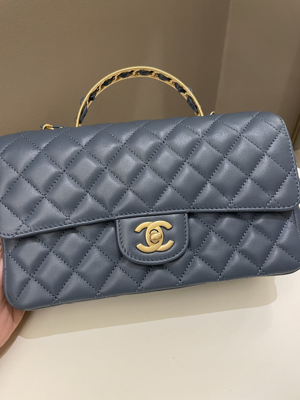 Chanel Quilted Top Handle Flap Chain Ash Blue Stiff Lambskin
