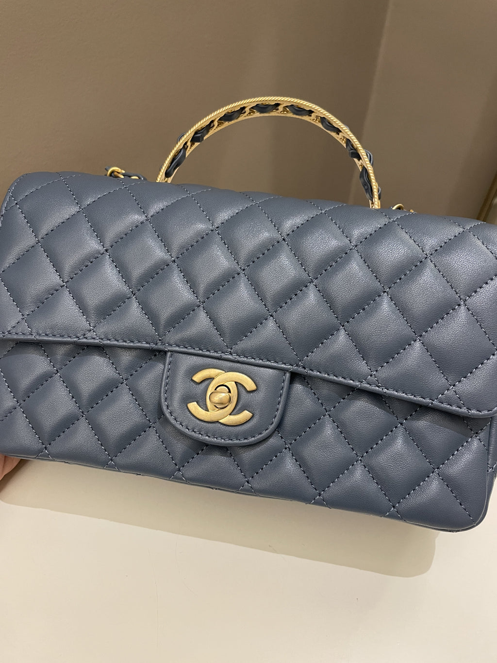 Chanel Quilted Top Handle Flap Chain Ash Blue Stiff Lambskin