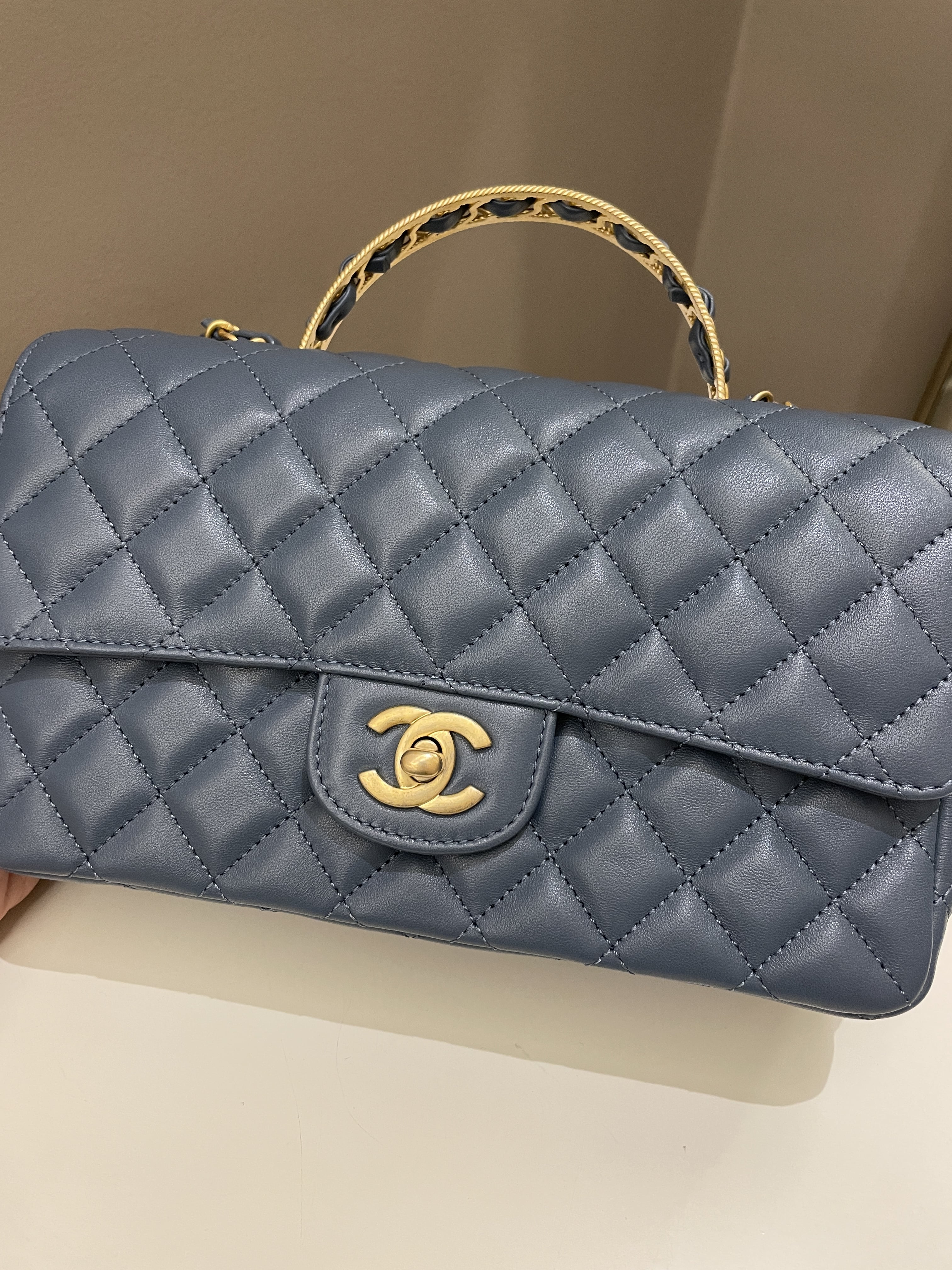 Chanel Quilted Top Handle Flap Chain Ash Blue Stiff Lambskin