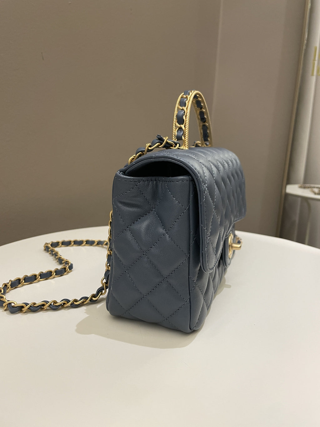 Chanel Quilted Top Handle Flap Chain Ash Blue Stiff Lambskin