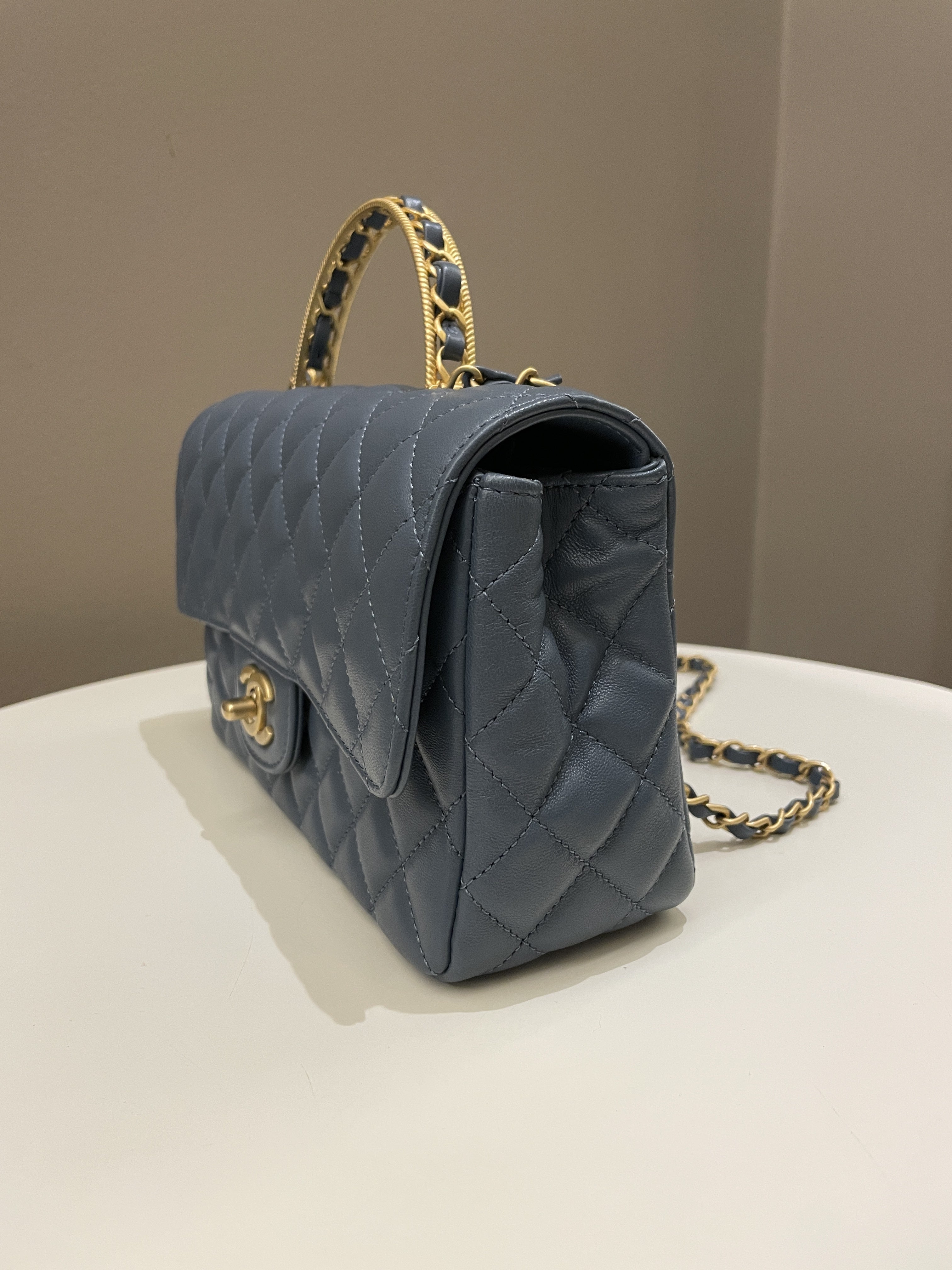 Chanel Quilted Top Handle Flap Chain Ash Blue Stiff Lambskin