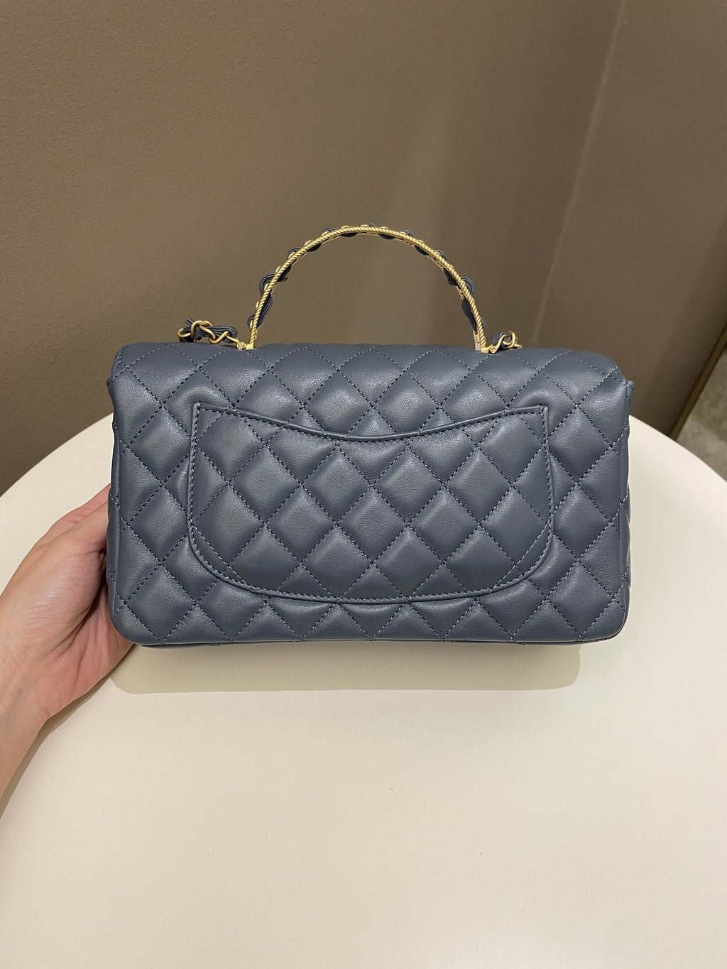 Chanel Quilted Top Handle Flap Chain Ash Blue Stiff Lambskin