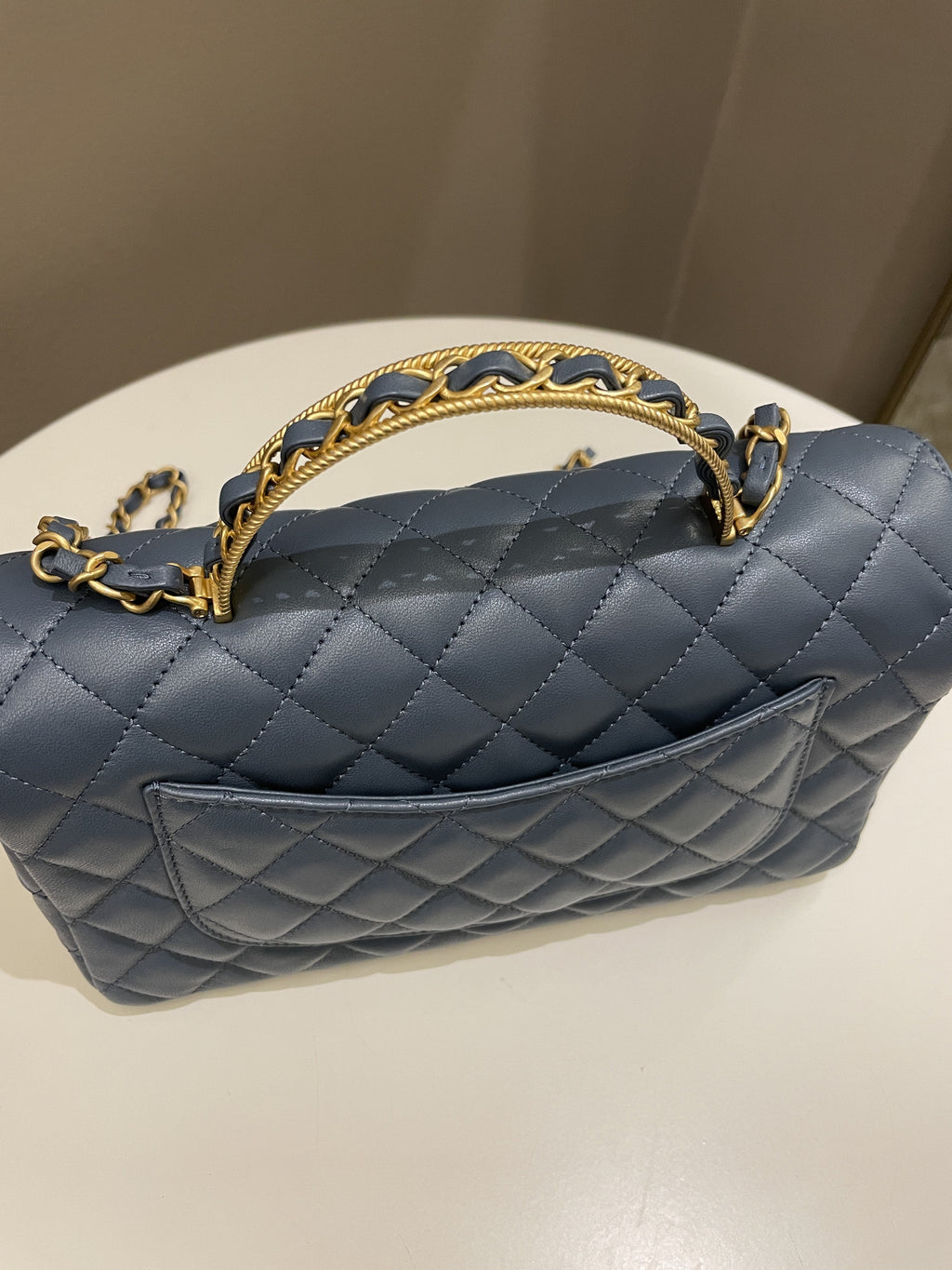 Chanel Quilted Top Handle Flap Chain Ash Blue Stiff Lambskin