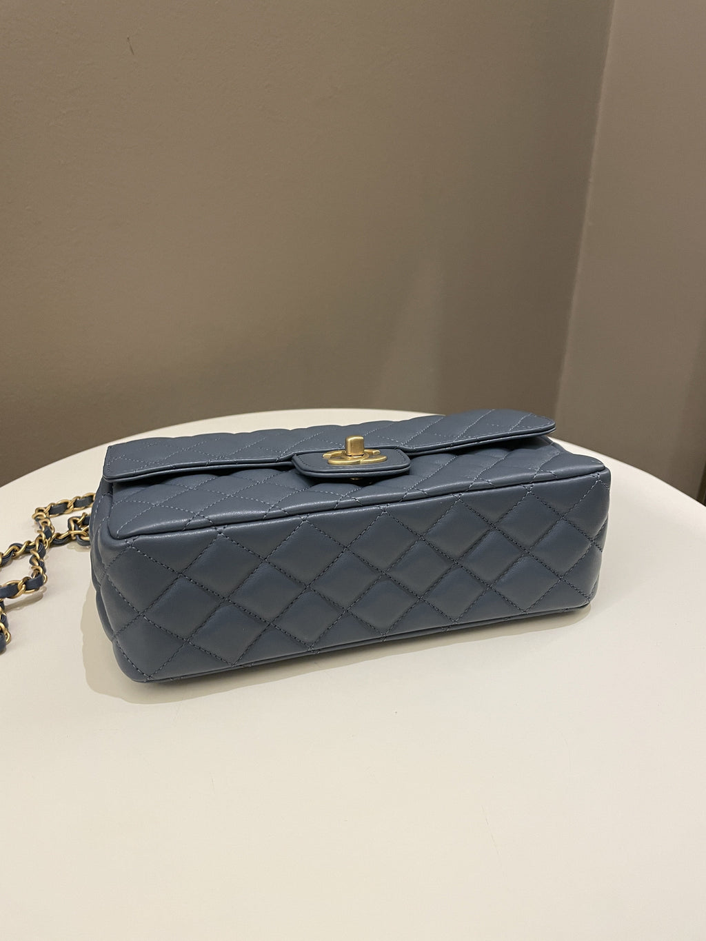 Chanel Quilted Top Handle Flap Chain Ash Blue Stiff Lambskin