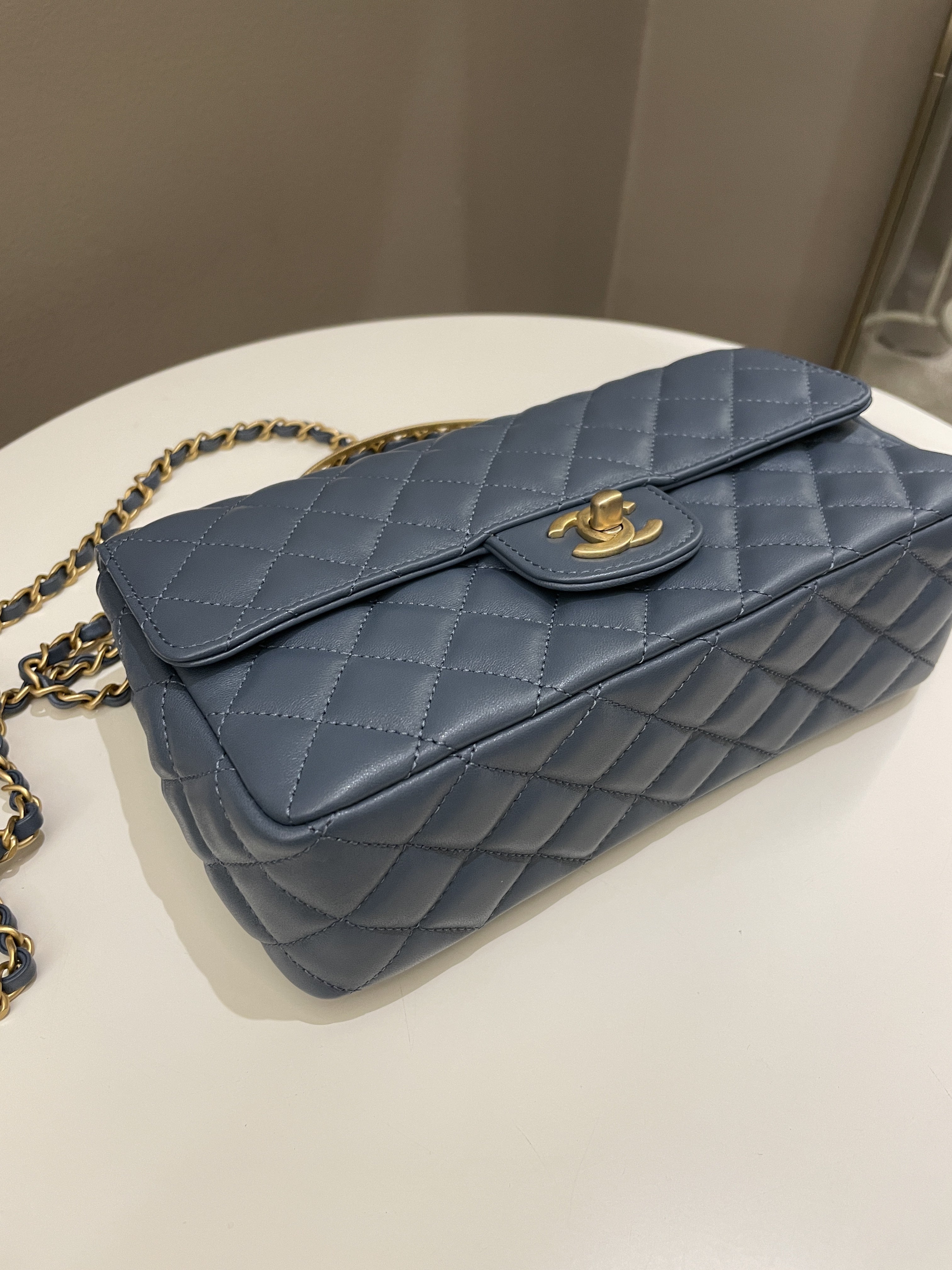 Chanel Quilted Top Handle Flap Chain Ash Blue Stiff Lambskin