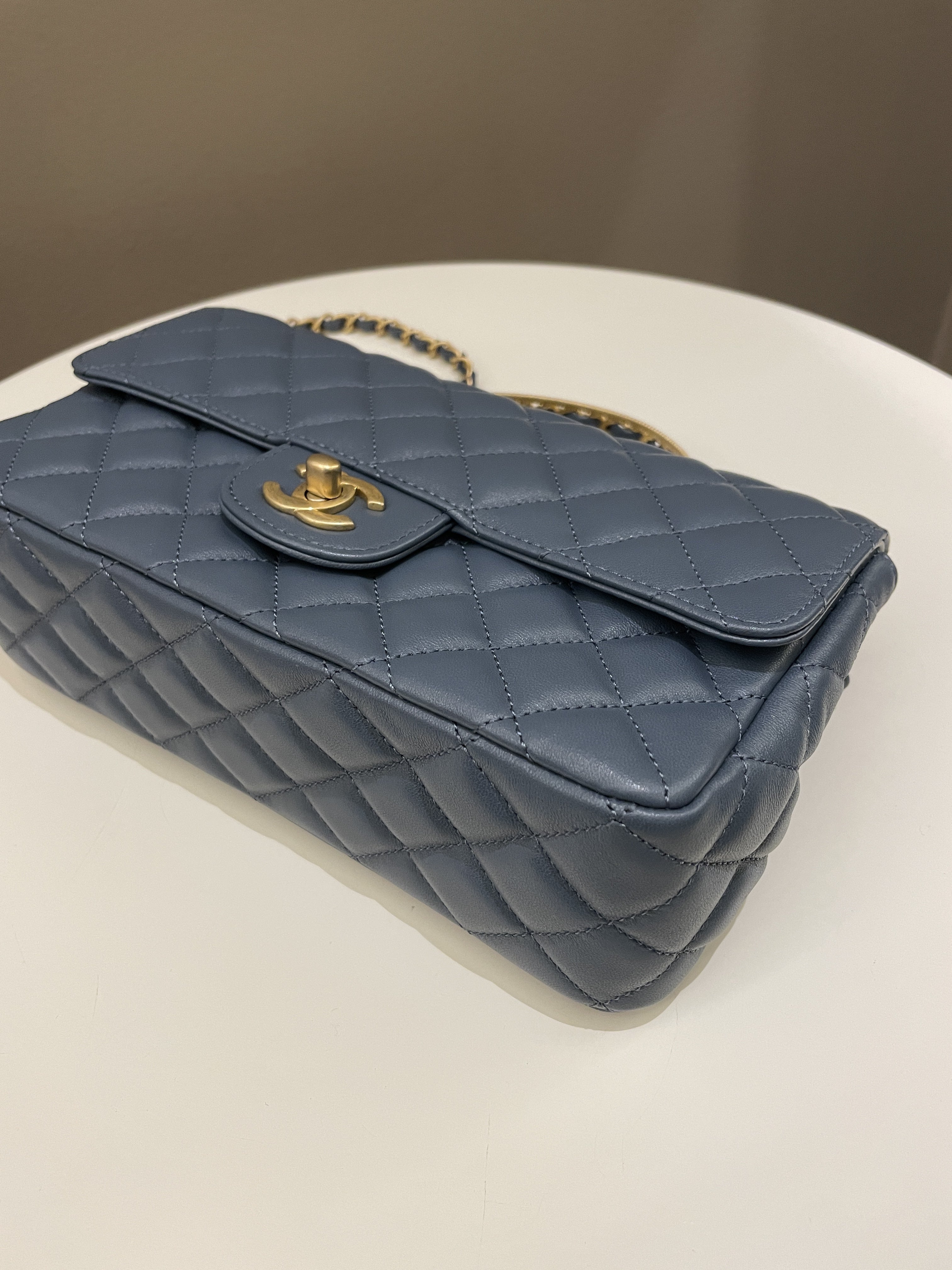 Chanel Quilted Top Handle Flap Chain Ash Blue Stiff Lambskin