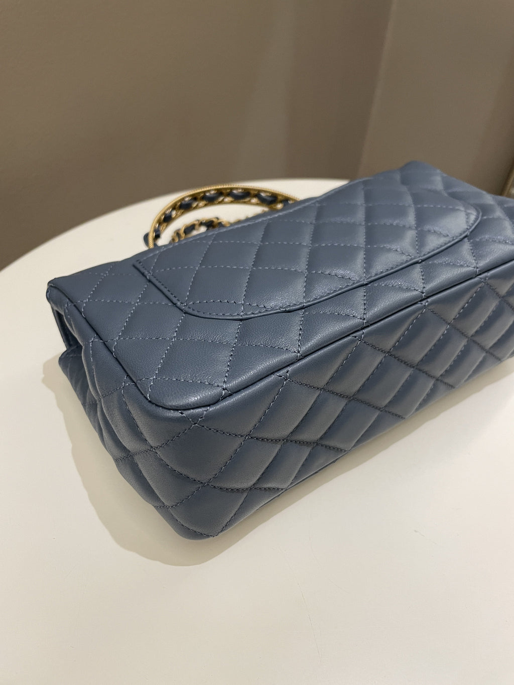 Chanel Quilted Top Handle Flap Chain Ash Blue Stiff Lambskin