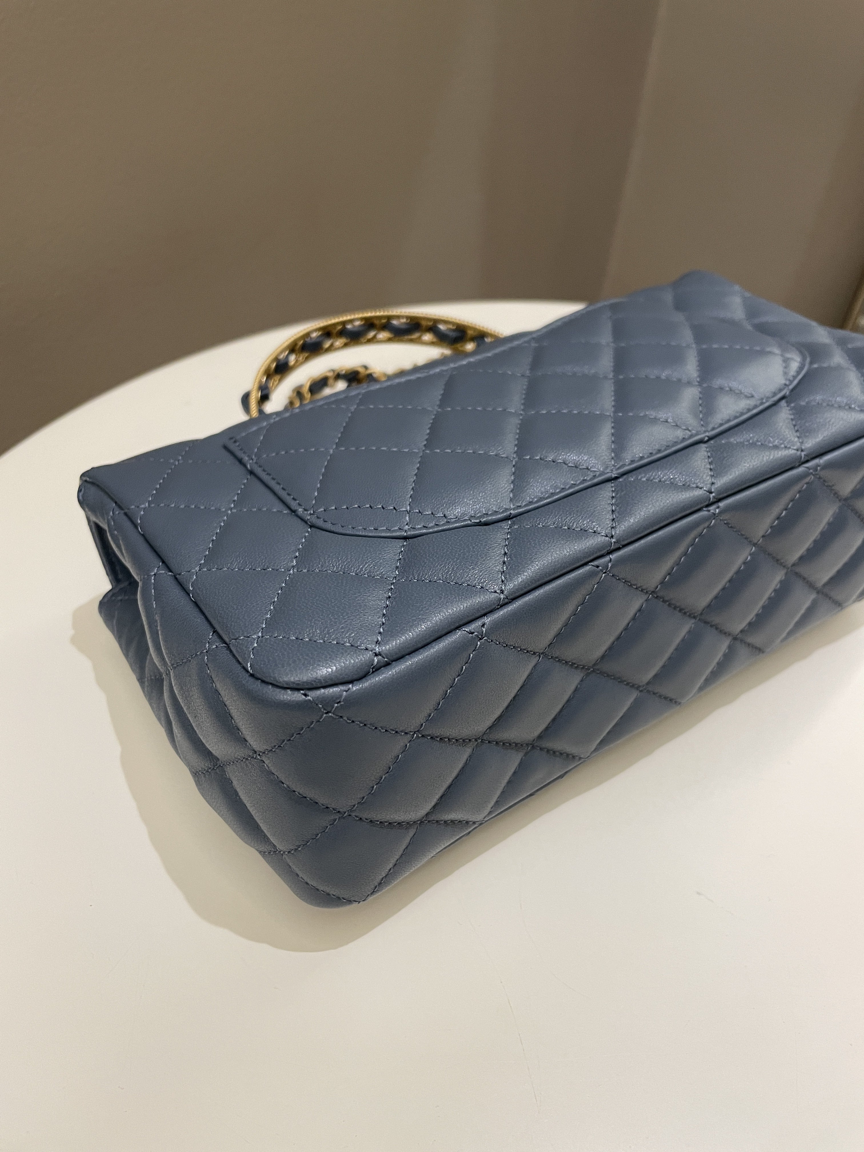 Chanel Quilted Top Handle Flap Chain Ash Blue Stiff Lambskin