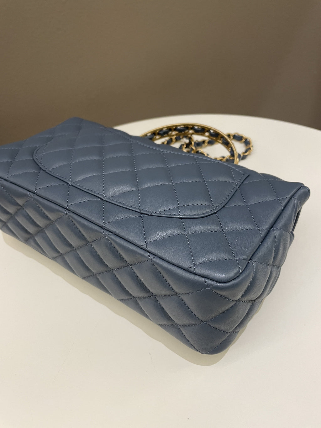 Chanel Quilted Top Handle Flap Chain Ash Blue Stiff Lambskin