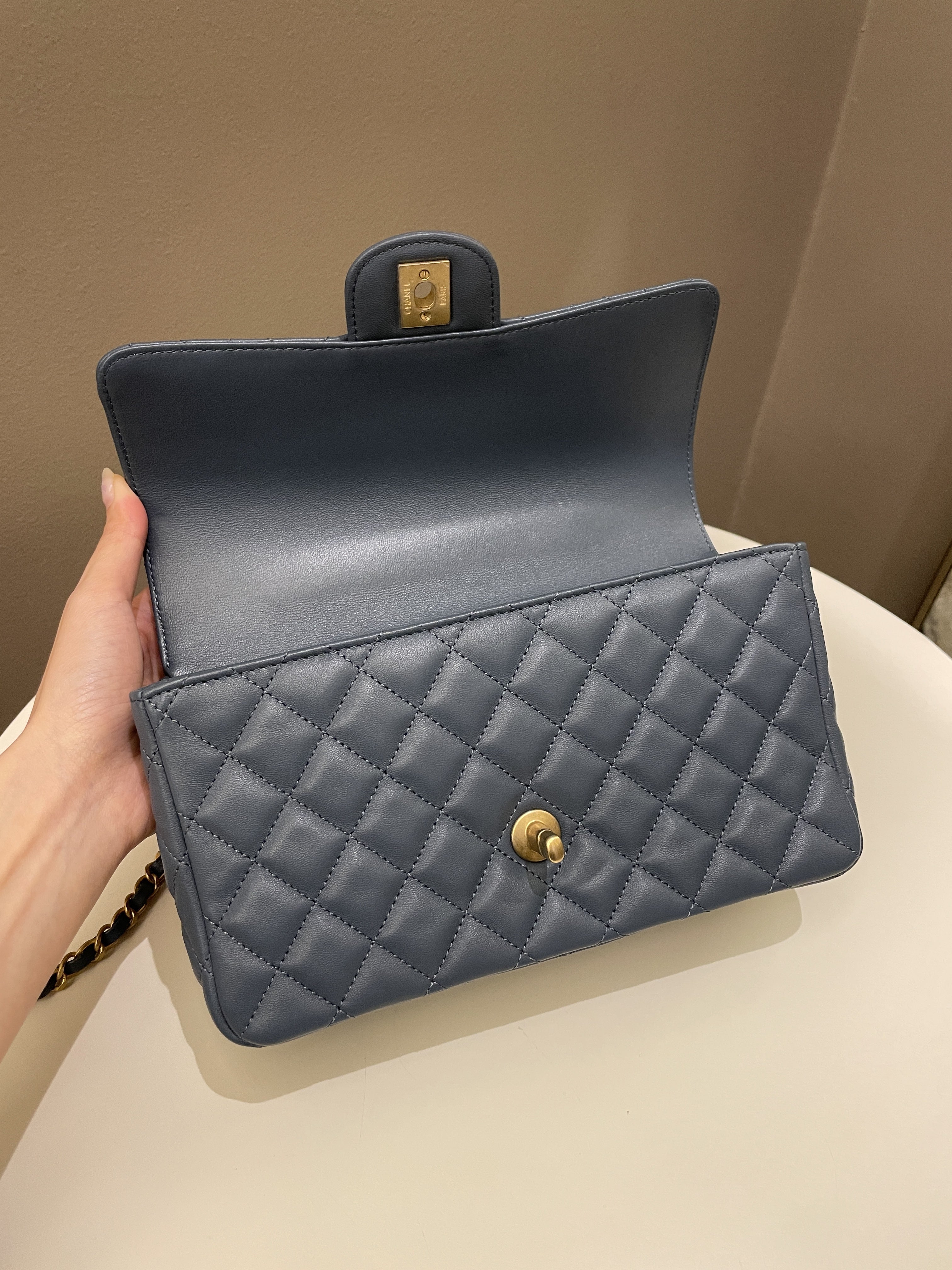 Chanel Quilted Top Handle Flap Chain Ash Blue Stiff Lambskin