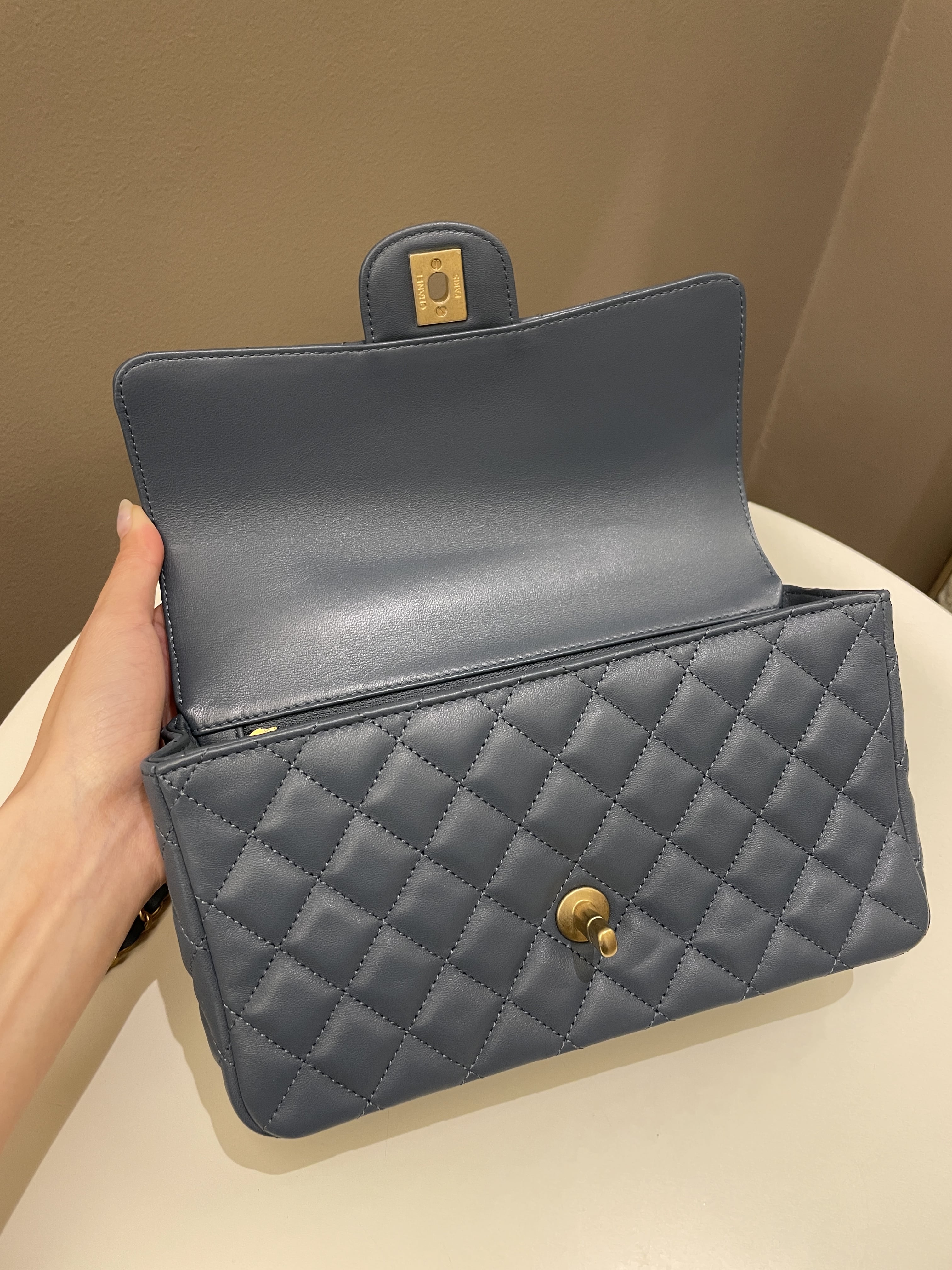 Chanel Quilted Top Handle Flap Chain Ash Blue Stiff Lambskin