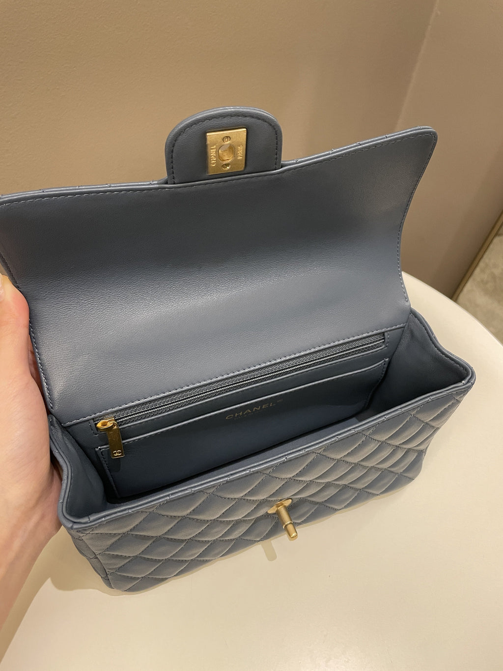 Chanel Quilted Top Handle Flap Chain Ash Blue Stiff Lambskin