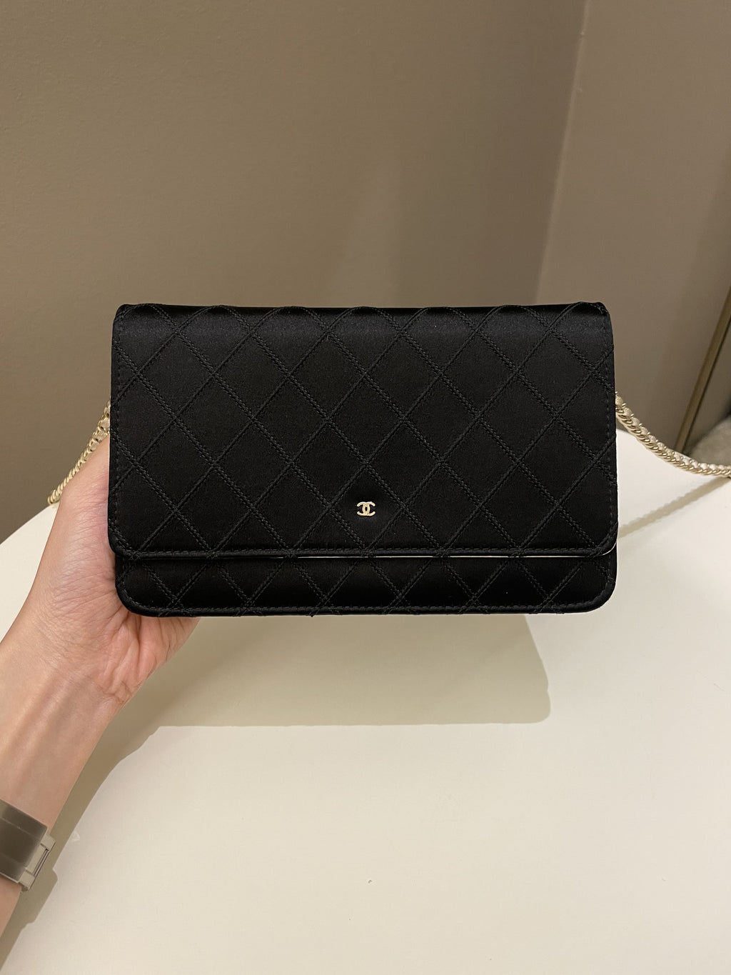 Chanel Quilted Wallet On Chain Black Satin / Gold Lambskin