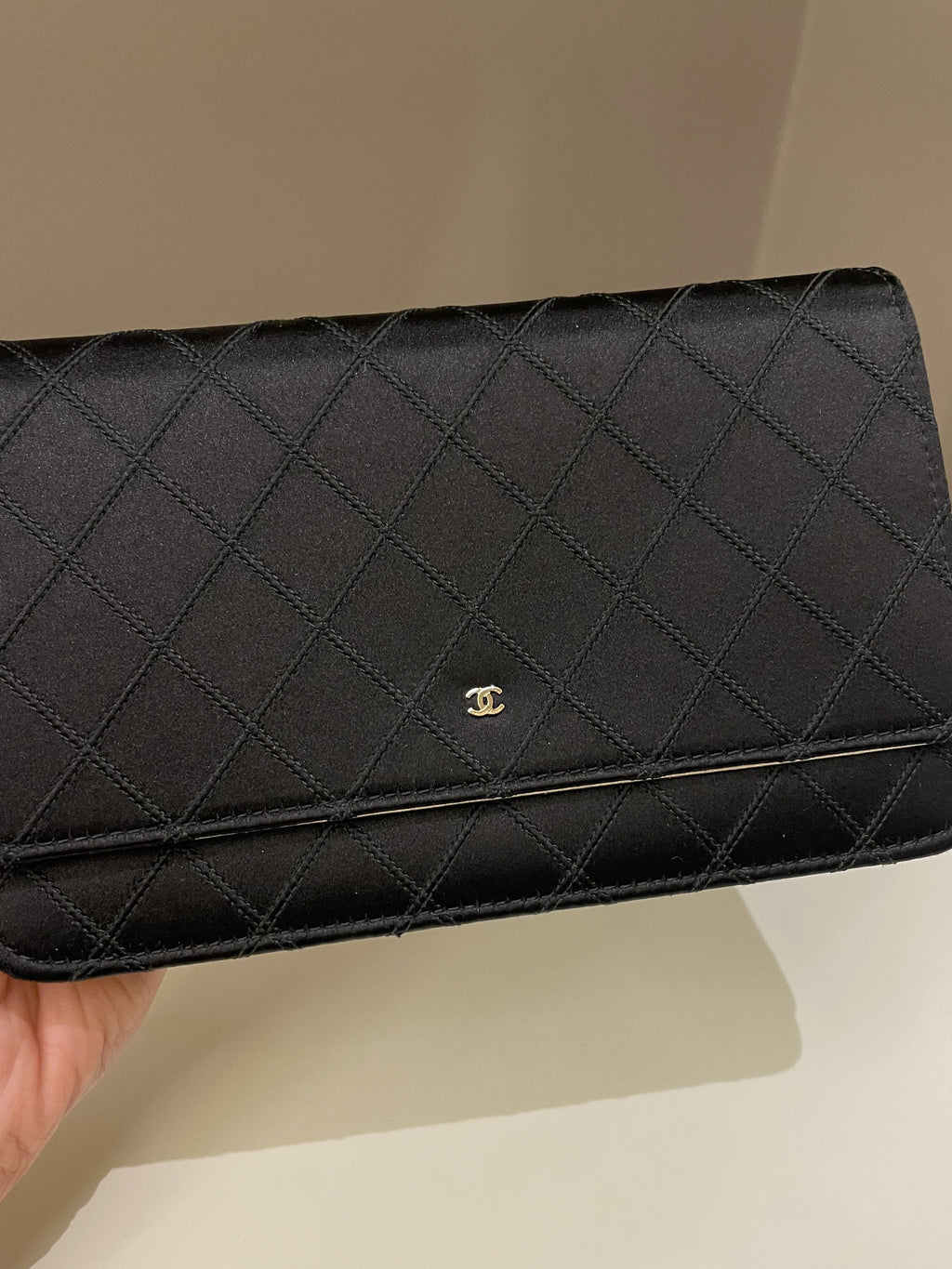 Chanel Quilted Wallet On Chain Black Satin / Gold Lambskin
