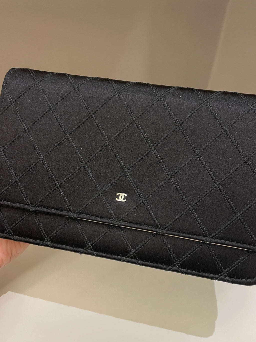 Chanel Quilted Wallet On Chain Black Satin / Gold Lambskin