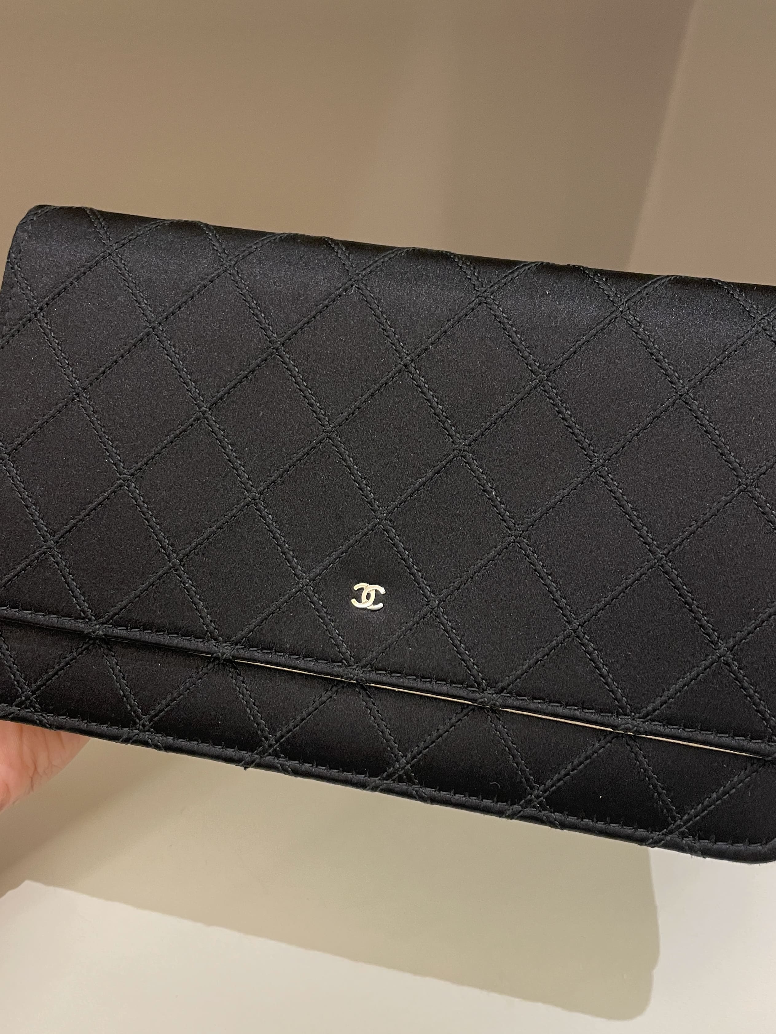 Chanel Quilted Wallet On Chain Black Satin / Gold Lambskin