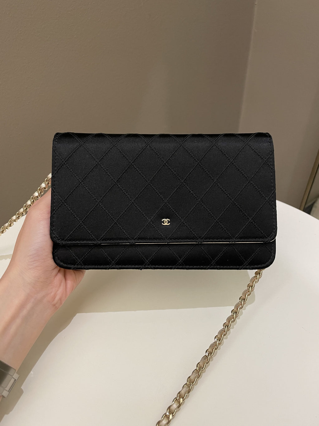 Chanel Quilted Wallet On Chain Black Satin / Gold Lambskin