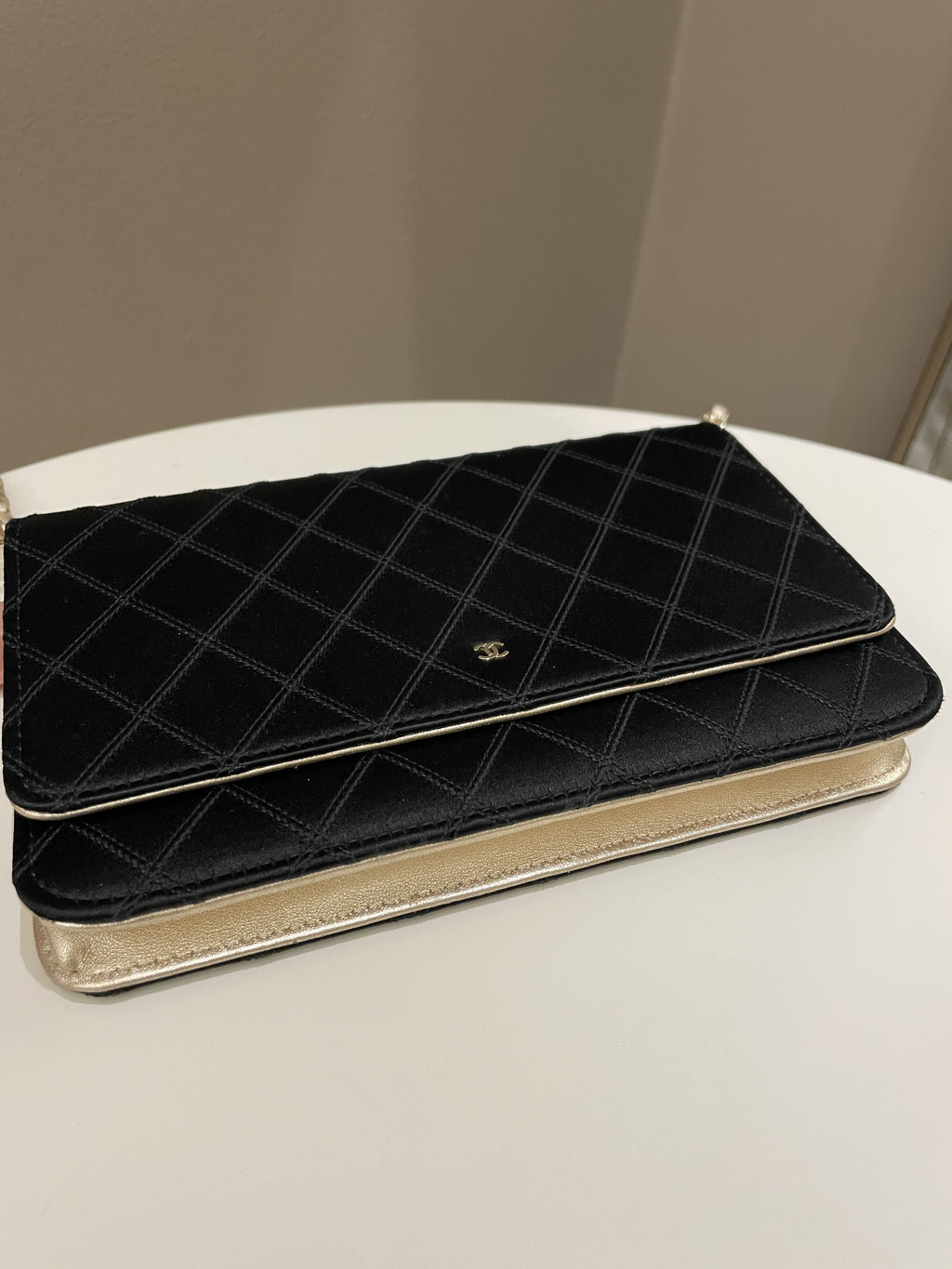 Chanel Quilted Wallet On Chain Black Satin / Gold Lambskin