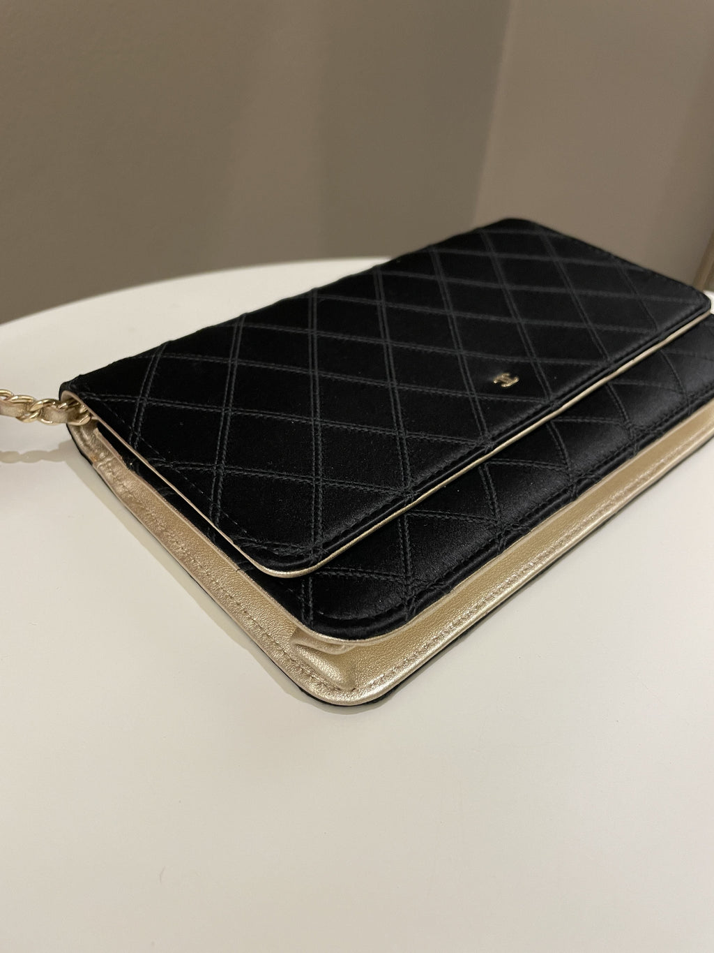 Chanel Quilted Wallet On Chain Black Satin / Gold Lambskin