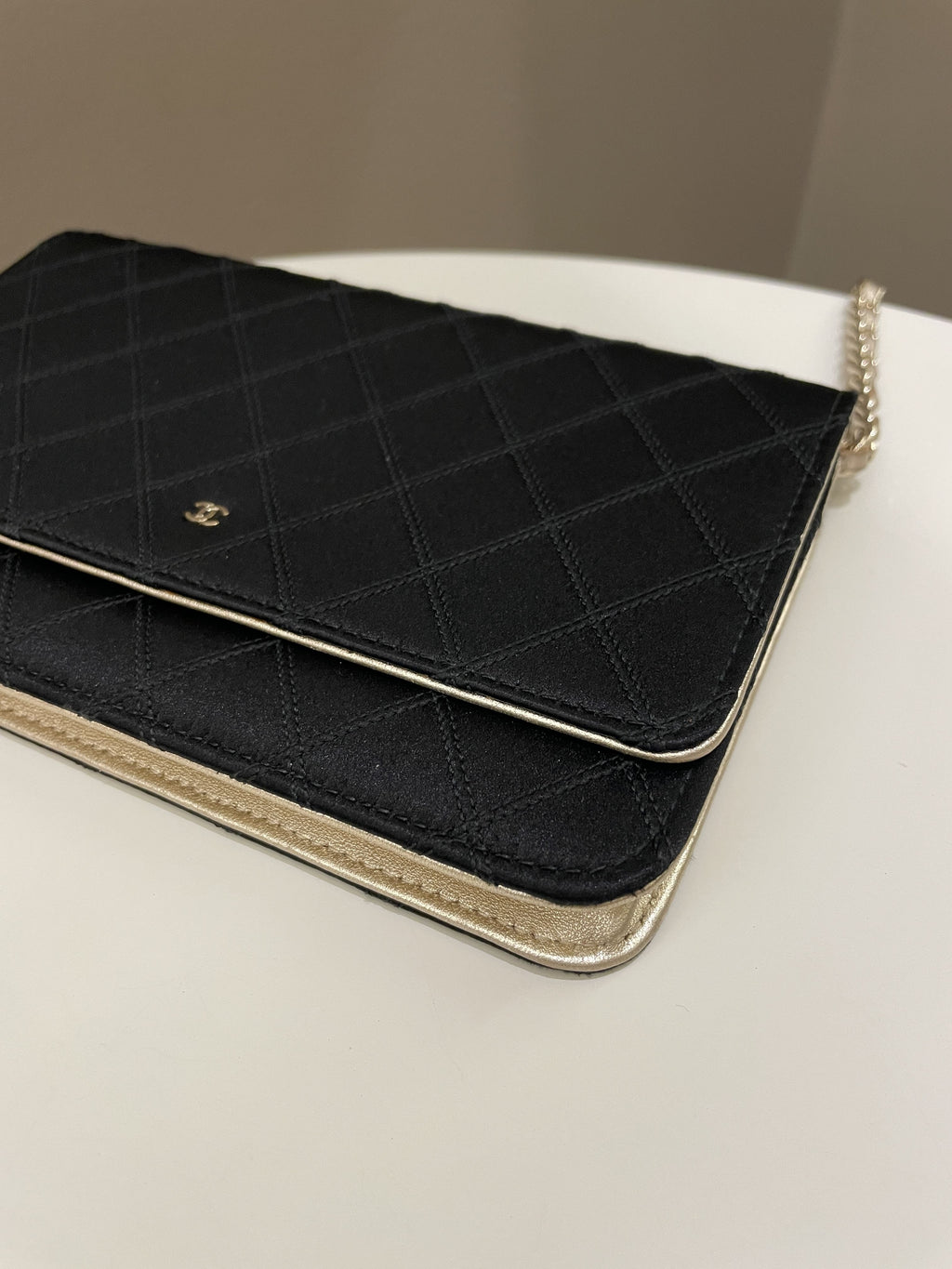 Chanel Quilted Wallet On Chain Black Satin / Gold Lambskin