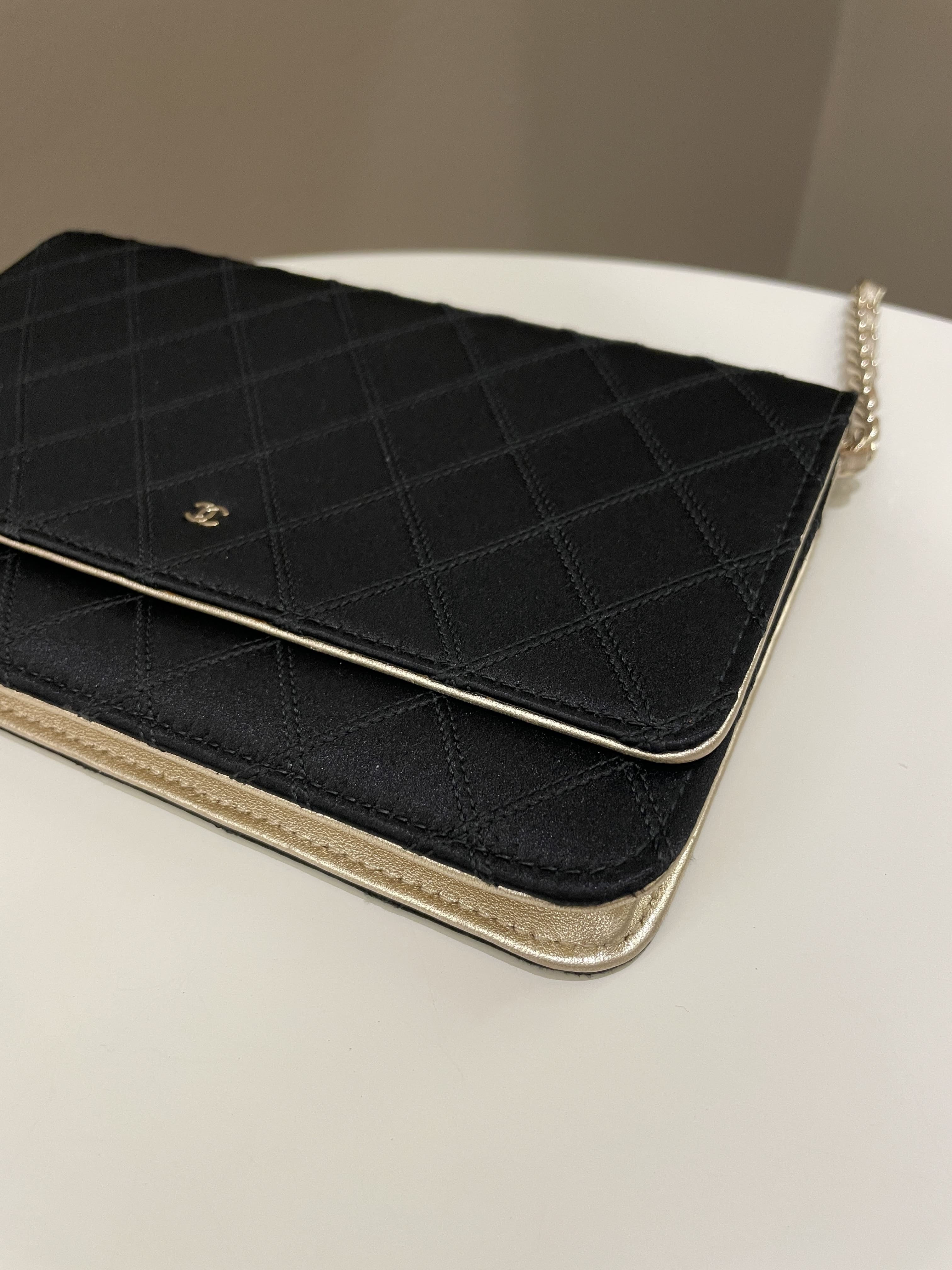 Chanel Quilted Wallet On Chain Black Satin / Gold Lambskin