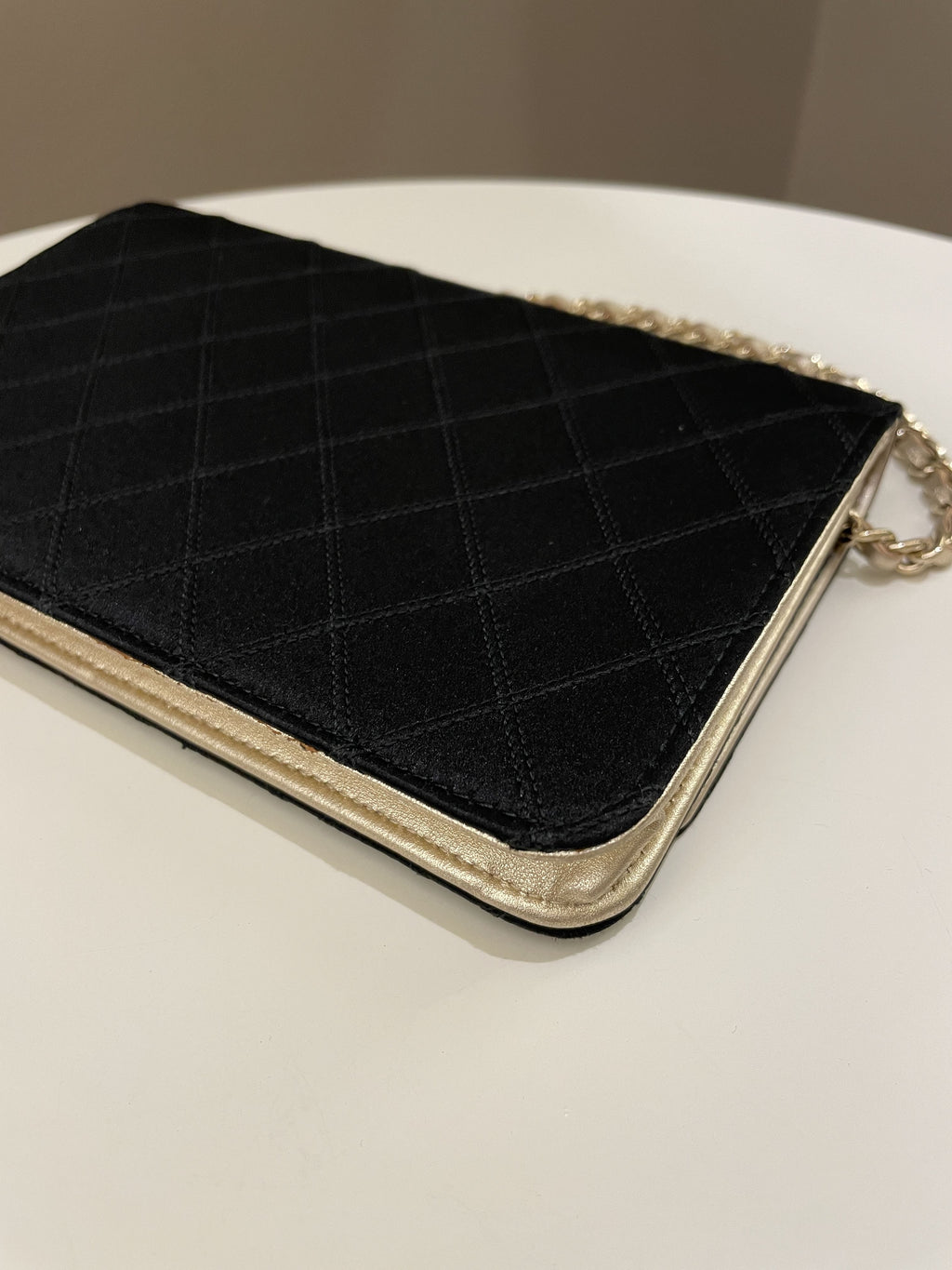 Chanel Quilted Wallet On Chain Black Satin / Gold Lambskin