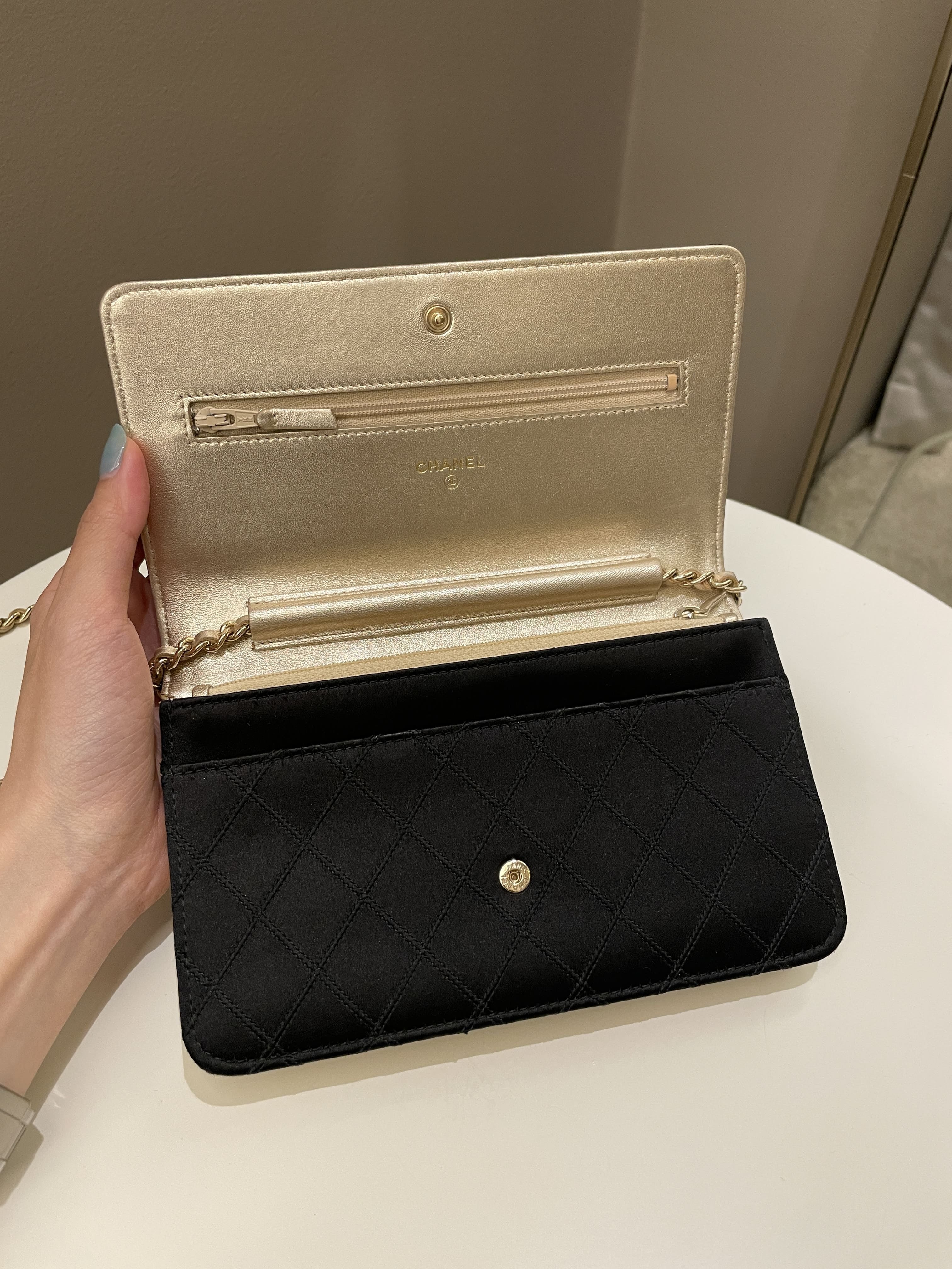 Chanel Quilted Wallet On Chain Black Satin / Gold Lambskin
