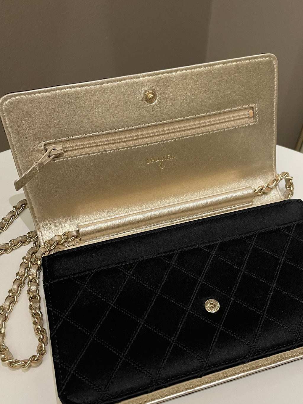 Chanel Quilted Wallet On Chain Black Satin / Gold Lambskin