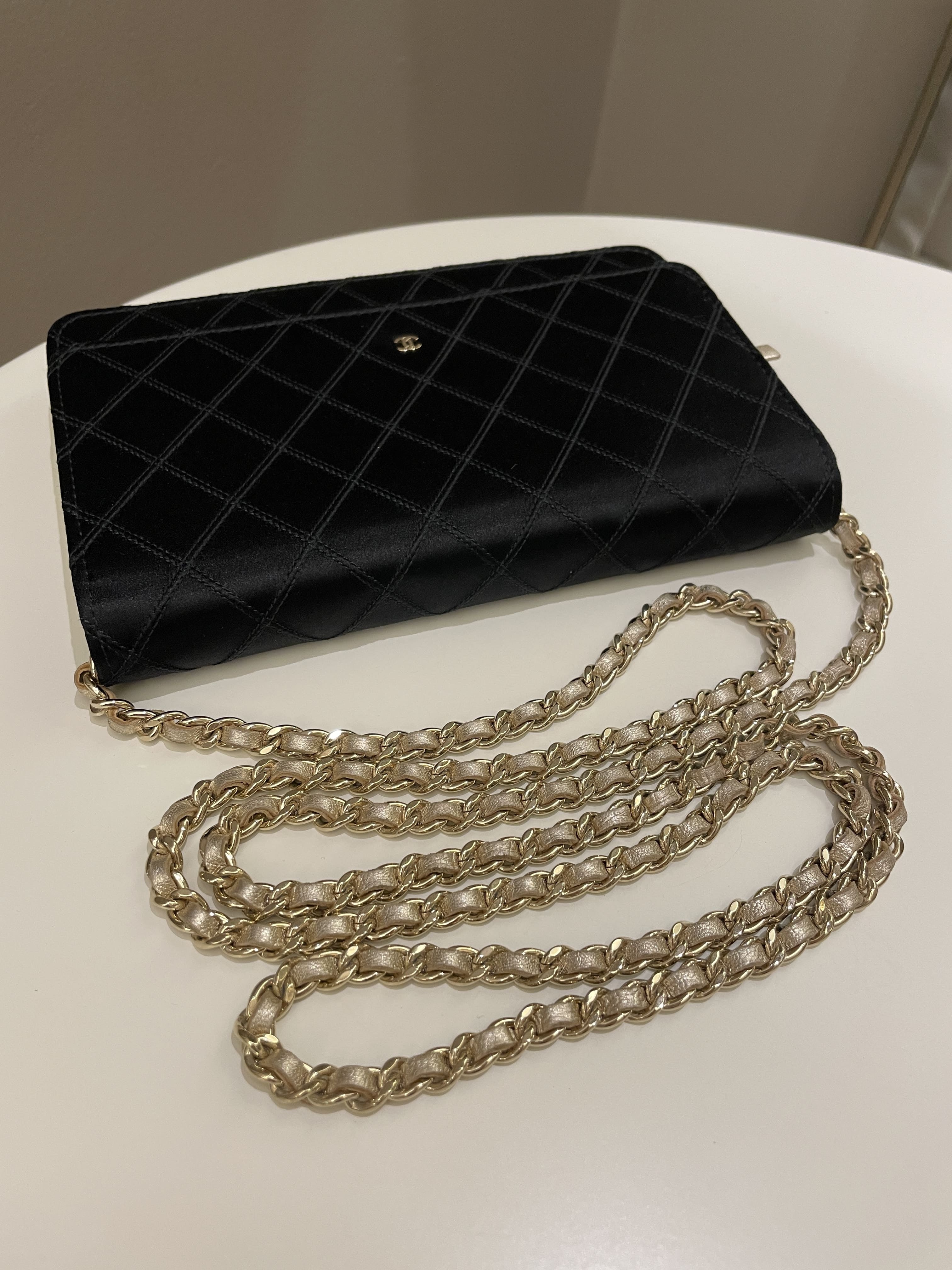 Chanel Quilted Wallet On Chain Black Satin / Gold Lambskin