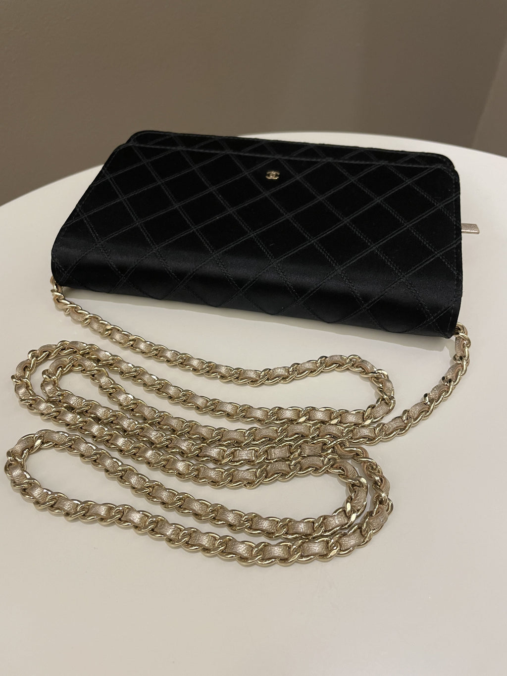 Chanel Quilted Wallet On Chain Black Satin / Gold Lambskin