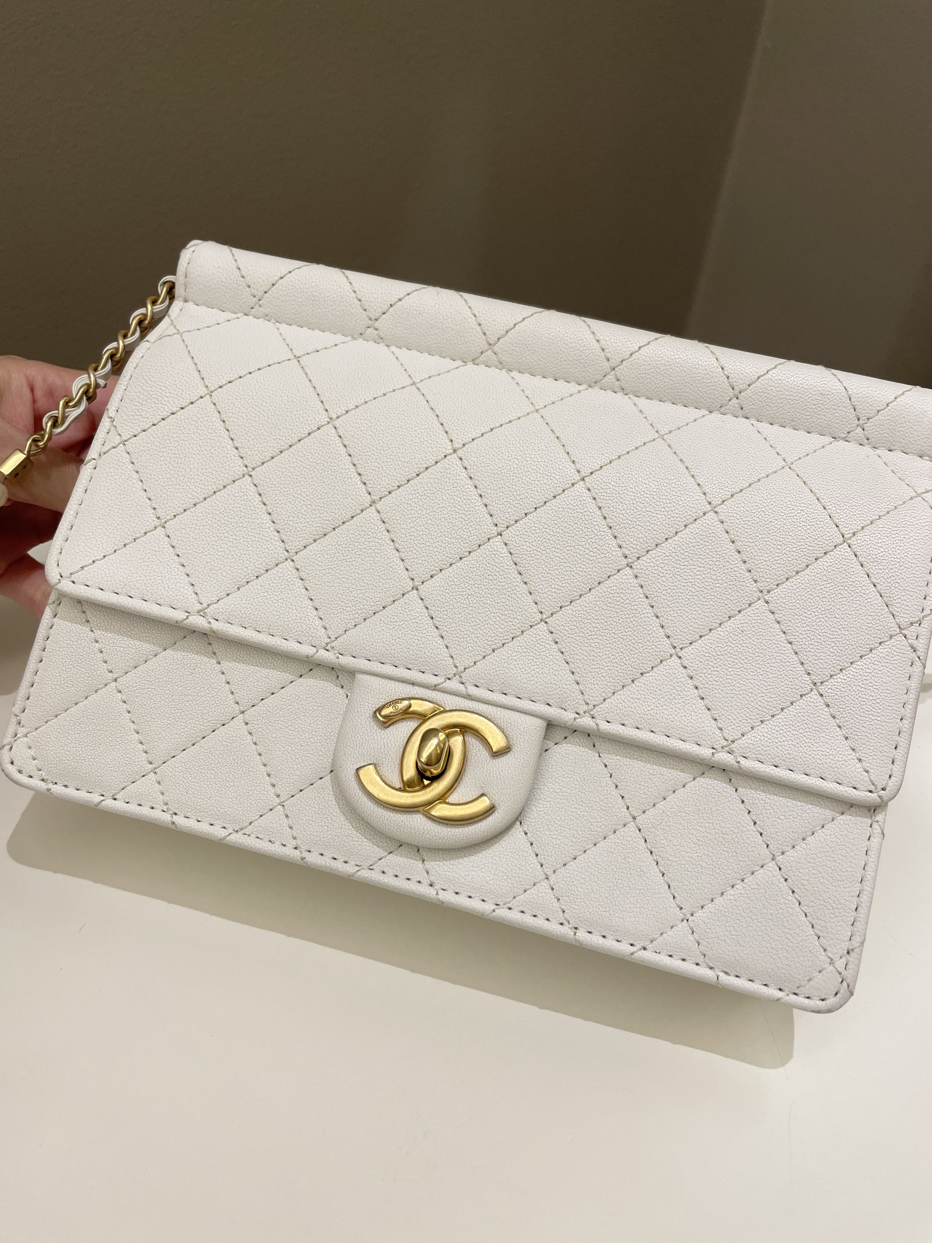 Chanel Pearl Chain Flap Bag White Stiff Lambskin