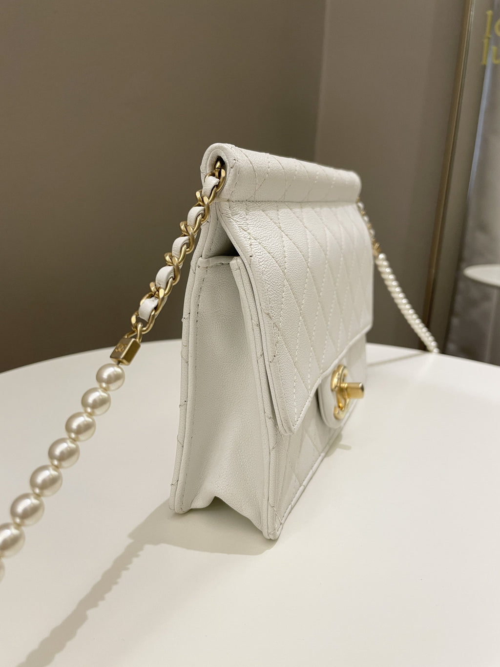 Chanel Pearl Chain Flap Bag White Stiff Lambskin